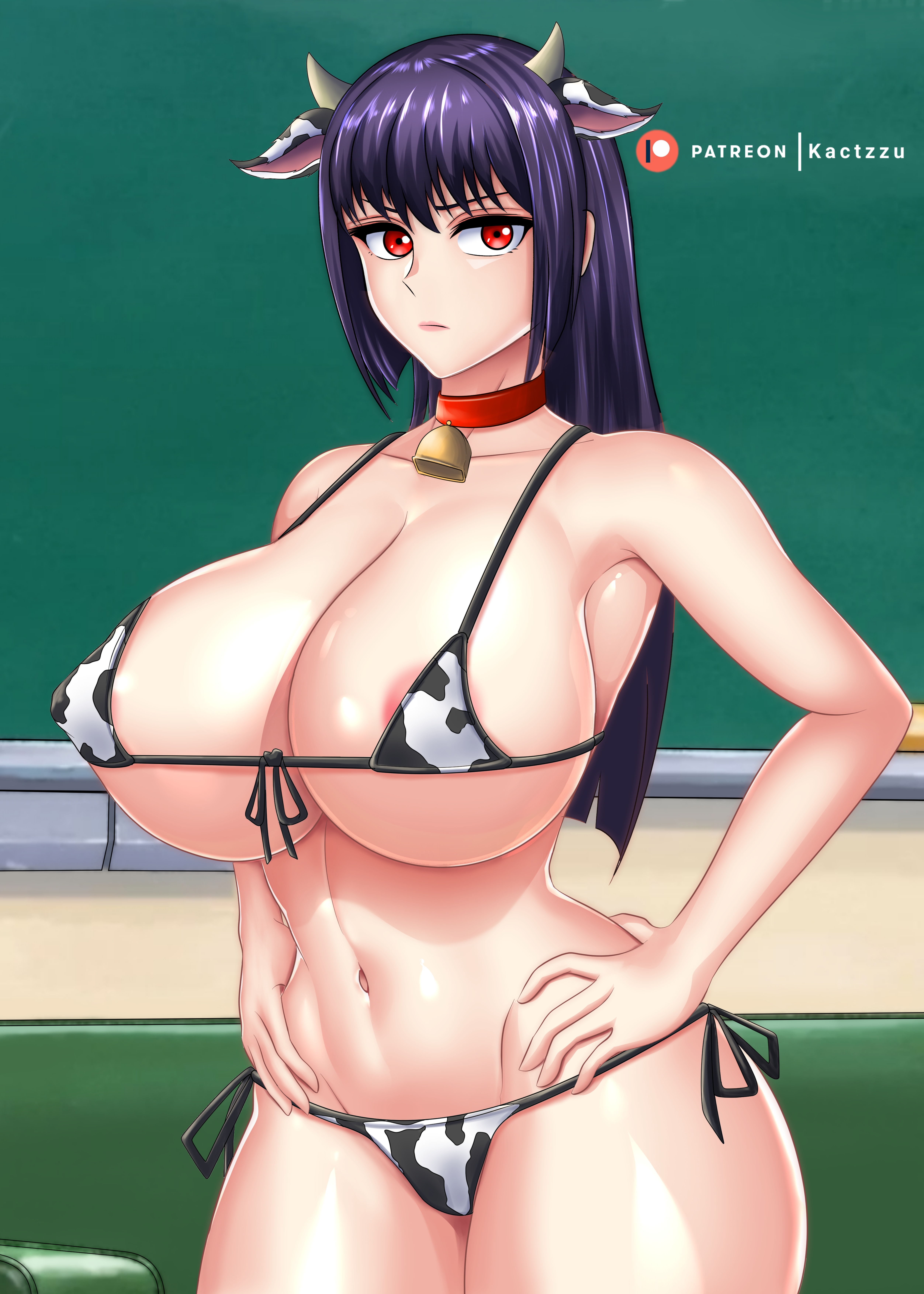 1girls, areolae, big breasts, breasts, cow bikini, cow ears, cow horns, cow print, eye contact, female, huge breasts, kactzzu, large breasts, long hair, looking at viewer, please don't bully me, nagatoro, president (nagatoro), purple hair, red eyes, sana sunomiya, solo, standing, thick thighs, wide hips