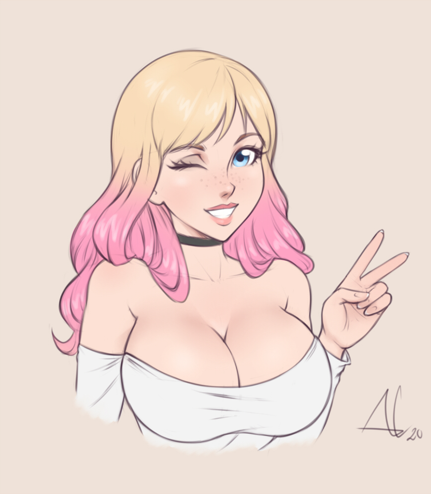 1girls, aesdev, bare shoulders, blonde hair, blue eyes, breasts, choker, cleavage, cute, female, female only, freckles, grin, jessie (aesdev), large breasts, long hair, looking at viewer, one eye closed, original, original character, peace sign, pink hair, plain background, smile, solo, two-tone hair, v sign, white background, wink