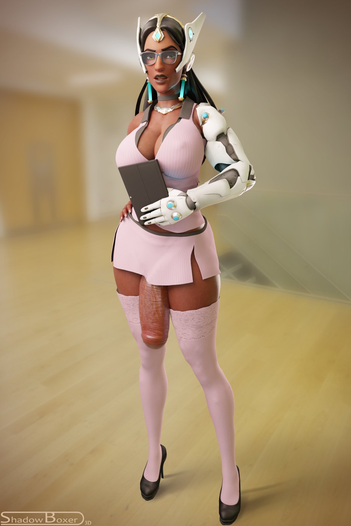 1futa, 3d, areolae, big breasts, blender, breasts, dark skin, dark-skinned futa, flaccid, futa only, futanari, high heels, huge cock, indian, intersex, large breasts, nipples, overwatch, penis, shadowboxer, solo, symmetra