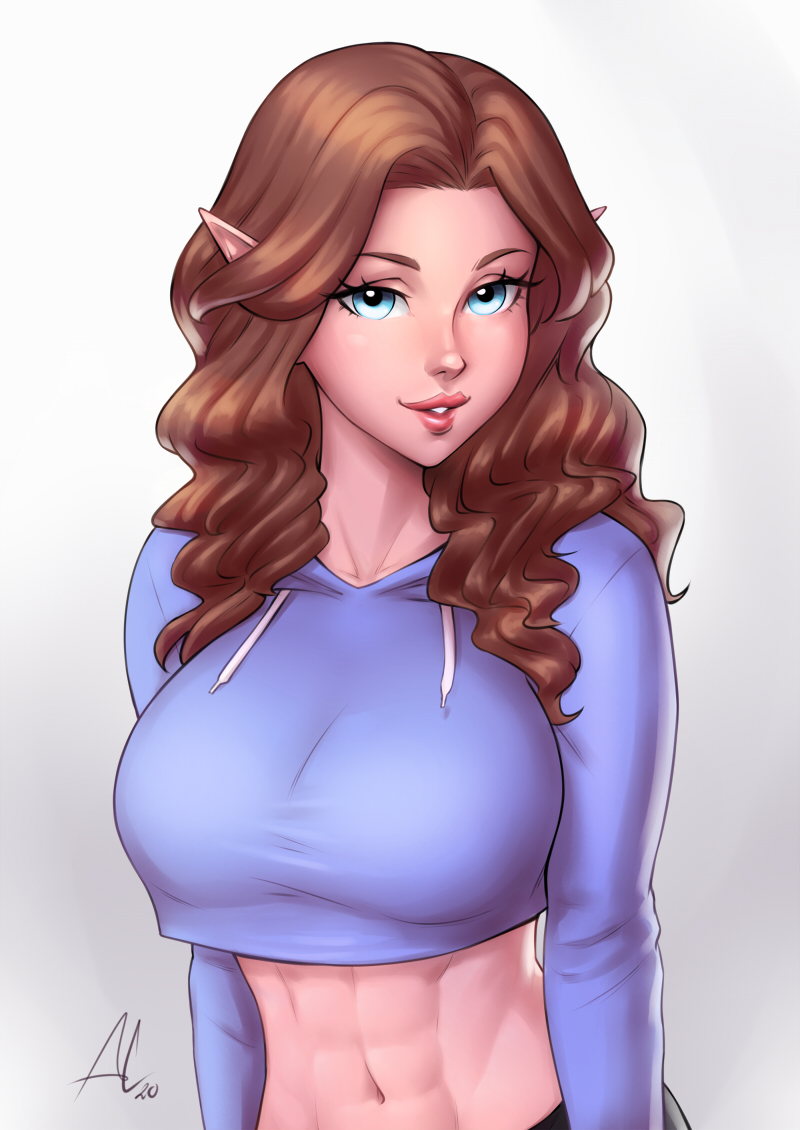 1girls, abs, aesdev, blue eyes, breasts, brown hair, clothed, crop top, cute, elf, female, female only, fit, fit female, hoodie, large breasts, lipstick, long hair, looking at viewer, navel, plain background, pointy ears, smile, solo, tight clothing