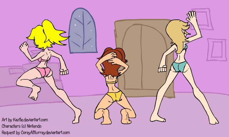 3girls ass barefoot blonde_hair blue_bra blue_panties blue_underwear bra brown_hair dancing feet female female_only full_body indoors kaztle kneeling mario_(series) multiple_girls nintendo panties pink_bra pink_panties pink_underwear princess_daisy princess_peach princess_rosalina standing underwear underwear_only window yellow_bra yellow_panties yellow_underwear