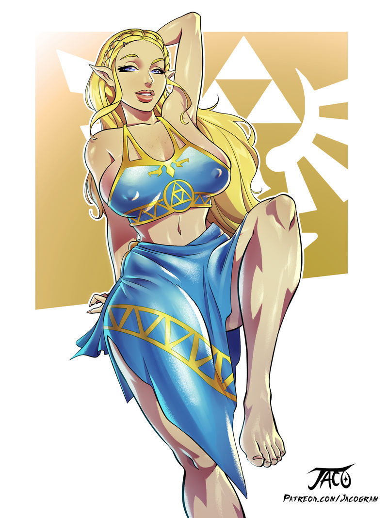 1girls, bimbo, blonde hair, blue eyes, breasts, breath of the wild, erect nipples, female, female only, hylian, iacolare, jacogram, large breasts, long hair, midriff, nintendo, nipples, pointy ears, princess zelda, royalty, sarong, solo, the legend of zelda, voluptuous, zelda (breath of the wild)