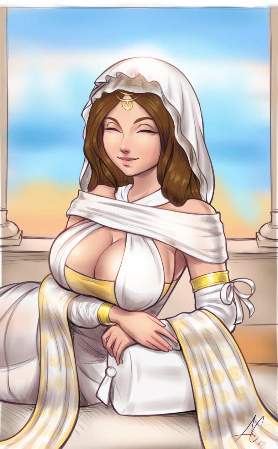 1girls, aesdev, breasts, brown hair, circlet, cleavage, closed eyes, clothed, dark souls, detached sleeves, dress, female, female only, fromsoftware, goddess, gold (metal), hood, large breasts, long hair, on side, queen of sunlight gwynevere, smile, solo