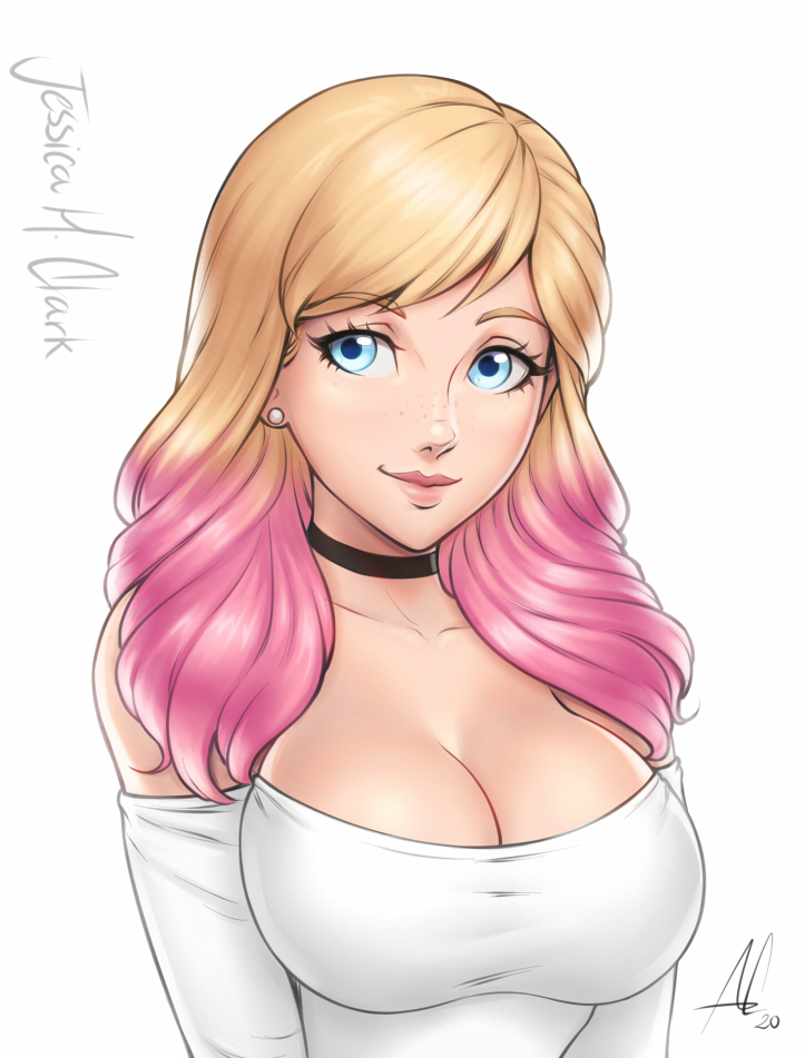1girls, aesdev, bare shoulders, blonde hair, blue eyes, breasts, choker, cleavage, earrings, female, female only, fully clothed, jessie (aesdev), large breasts, long hair, original, original character, pink hair, smile, solo, two-tone hair, white background