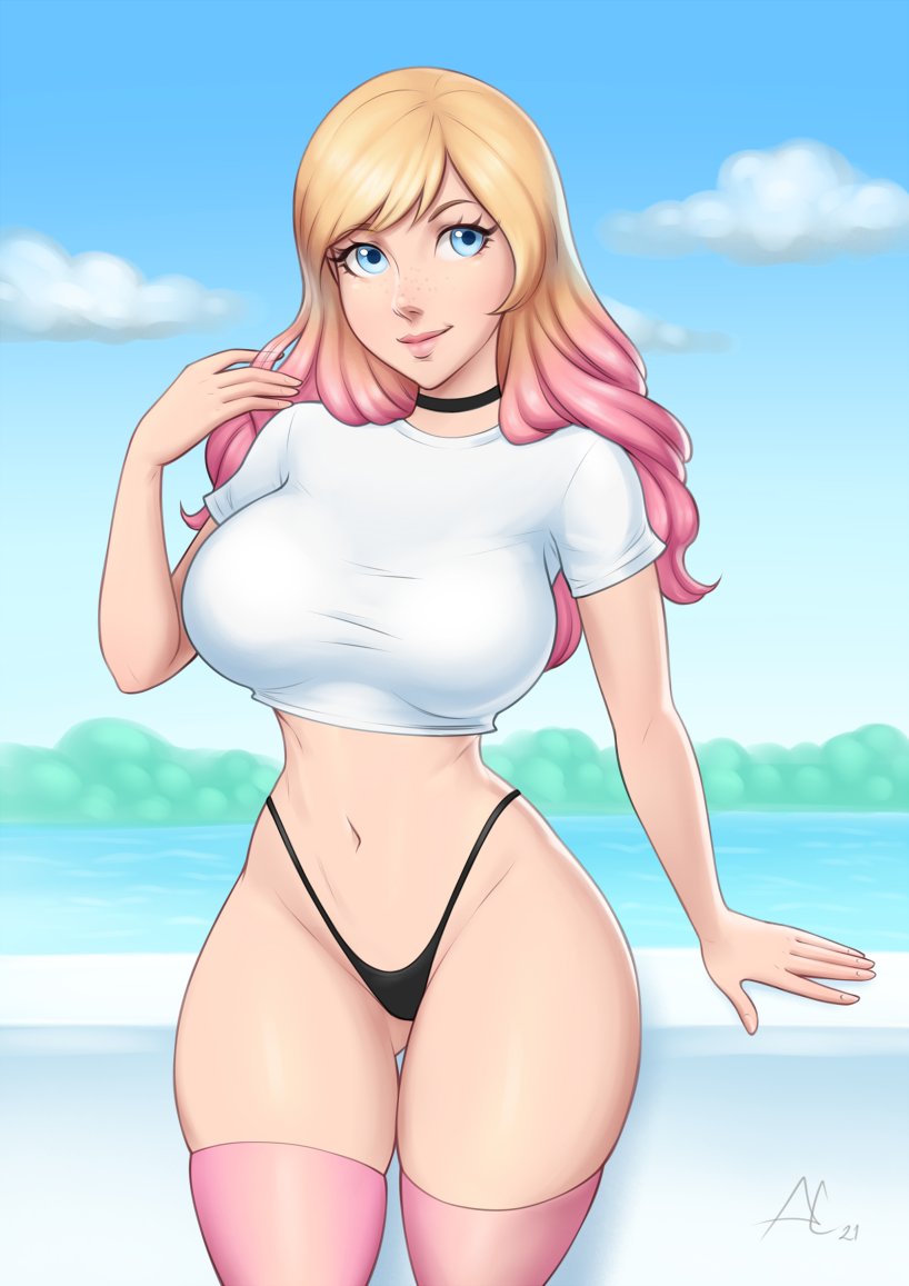 1girls, aesdev, big breasts, bikini bottom, blonde hair, blue eyes, blue sky, breasts, choker, crop top, cute, female, female focus, female only, freckles, hand in hair, hourglass figure, jessie (aesdev), large breasts, long hair, navel, no pants, original, original character, outside, panties, pink hair, revealing clothes, skindentation, slim waist, small waist, smile, solo, thick thighs, thighhighs, thong, two-tone hair, white background