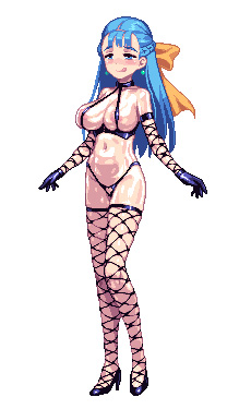 774_(nanashi) big_breasts blue_eyes blue_hair bow dragon_quest dragon_quest_heroes dragon_quest_v female female_only fishnet_gloves fishnet_thighhighs fishnets flora_(dragon_quest) gloves hair_ribbon high_heels human large_breasts latex lingerie nera_briscoletti pixel_art shiny_skin solo stockings thighhighs tongue_out white_background