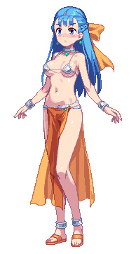 774_(nanashi) bikini blue_eyes blue_hair blush bow clothing dancer_outfit dragon_quest dragon_quest_heroes dragon_quest_v female female_only flora_(dragon_quest) hair_ribbon harem_outfit human loincloth long_hair medium_breasts micro_bikini nera_briscoletti pixel_art sandals solo swimsuit white_background