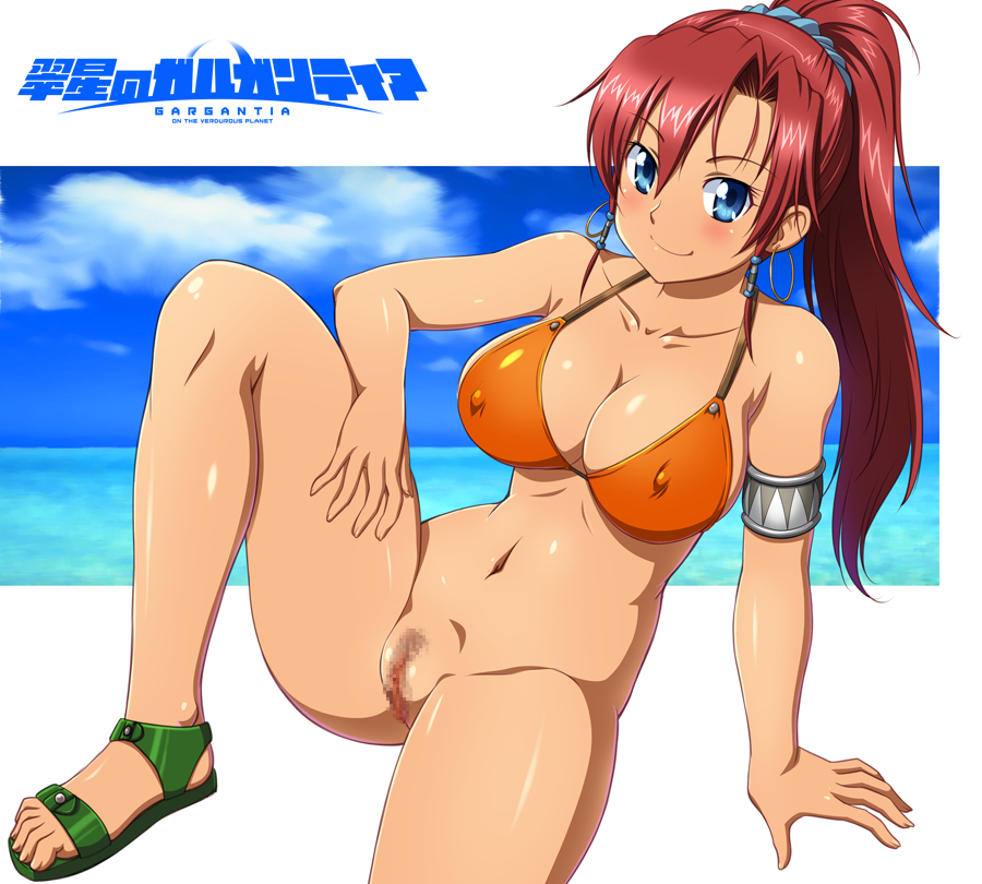 bellows_(suisei_no_gargantia) blue_eyes blue_sky bottomless bra breasts cameltoe censored cloud cloudy_sky copyright_name curvy day earrings english_text eyebrows_visible_through_hair female green_footwear green_sandals hair_between_eyes hoop_earrings jewelry long_hair looking_at_viewer mosaic_censoring nipples ocean orange_bra orange_swimsuit ponytail pubic_hair pussy red_hair sandals sky smile solo suisei_no_gargantia swimsuit tan tanuki_yousuke underwear water