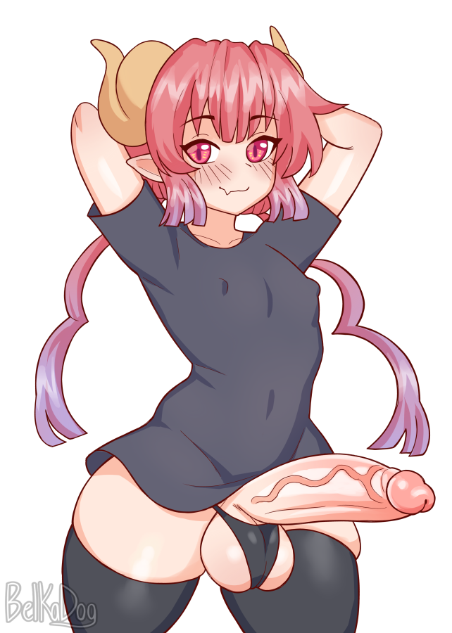 1boy, androgynous, balls, belka dog, big penis, cuccoking, femboy, genderswap, genderswap (ftm), girly, horns, hung trap, ilulu (dragon maid), large penis, looking at viewer, male, male only, miss kobayashi's dragon maid, monster, penis, pointy ears, red hair, rule 63, testicles, thick thighs, thighhighs, veiny penis