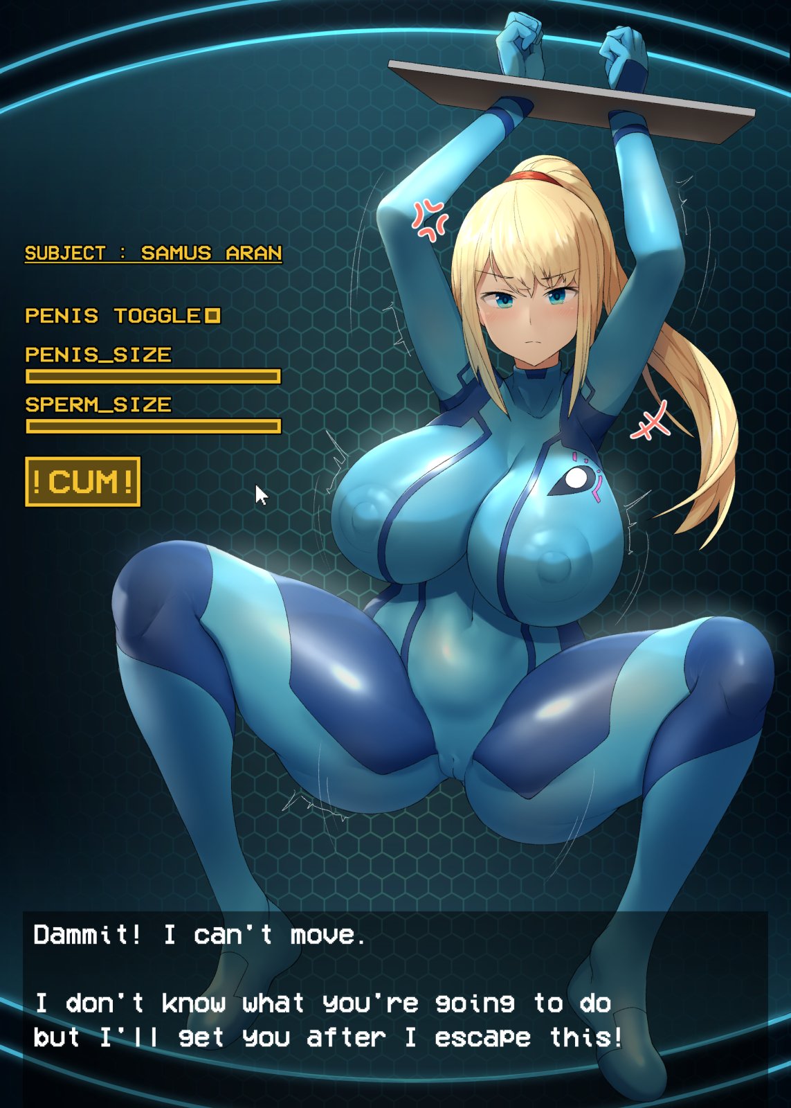 1girls alternate_breast_size areolae arms_above_head big_breasts bodysuit bondage bound bound_wrists breasts breasts_bigger_than_head cuffs female femsub huge_breasts imminent_rape large_breasts mechanical mechanical_fixation metroid nipples offscreen_character orgasm_factory pokies restrained samus_aran sex_machine sinensian solo spread_legs text thick_thighs zero_suit zero_suit_samus