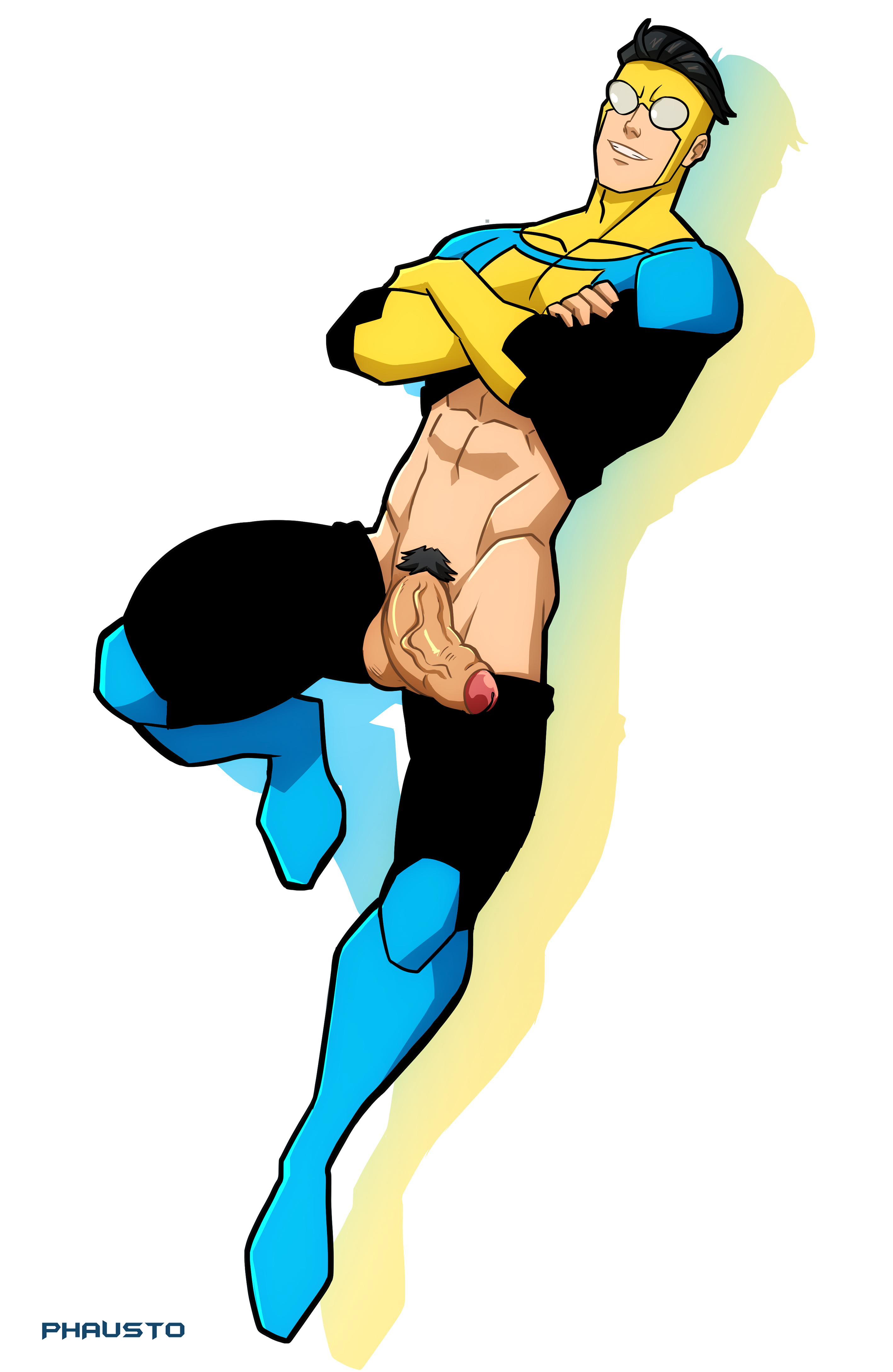 1boy, 2021, abs, arms crossed, balls, black hair, bodysuit, crossed arms, erection, foreskin, invincible, looking at viewer, male, male only, mark grayson, muscles, muscular, muscular male, partially retracted foreskin, pecs, penis, penis out, phausto, pubic hair, retracted foreskin, smile, smiling at viewer, solo, solo male, testicles, uncircumcised, uncut, white background, yaoi