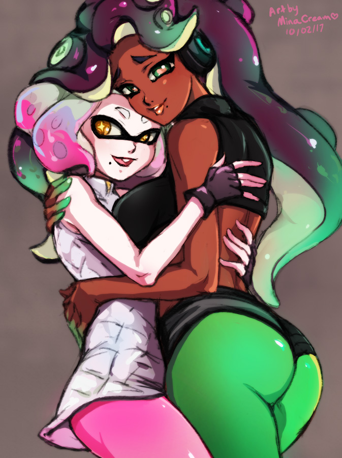 2girls, ass, back, bare midriff, big ass, breasts, dark skin, dark-skinned female, female, female only, green eyes, hug, hugging, large breasts, long hair, looking at viewer, marina (splatoon), minacream, mole, mole under mouth, multiple females, multiple girls, nintendo, open mouth, pearl (splatoon), smile, splatoon, splatoon (series), splatoon 2, symbol-shaped pupils, yellow eyes, yuri