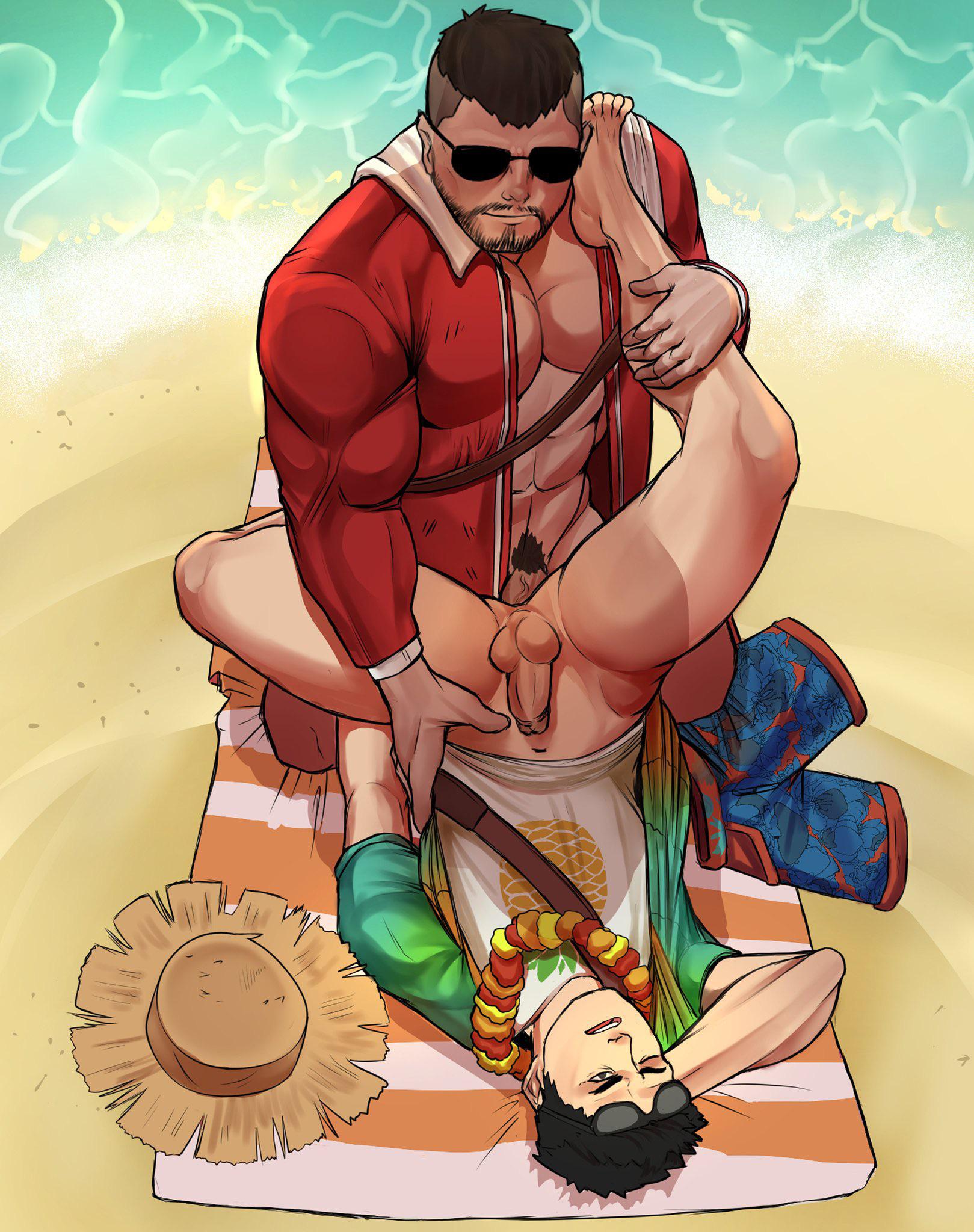 2boys, abs, anal, anal sex, beach, beard, biceps, black hair, clothing aside, david king, day, dead by daylight, dwight fairfield, gay, grey eyes, hat, lei, light skin, male, male only, male/male, muscular, muscular male, one eye closed, outside, pecs, penis, pubes, pubic hair, sex, straw hat, submissive, submissive male, sunglasses, sunglasses on head, thick eyebrows, yaoi