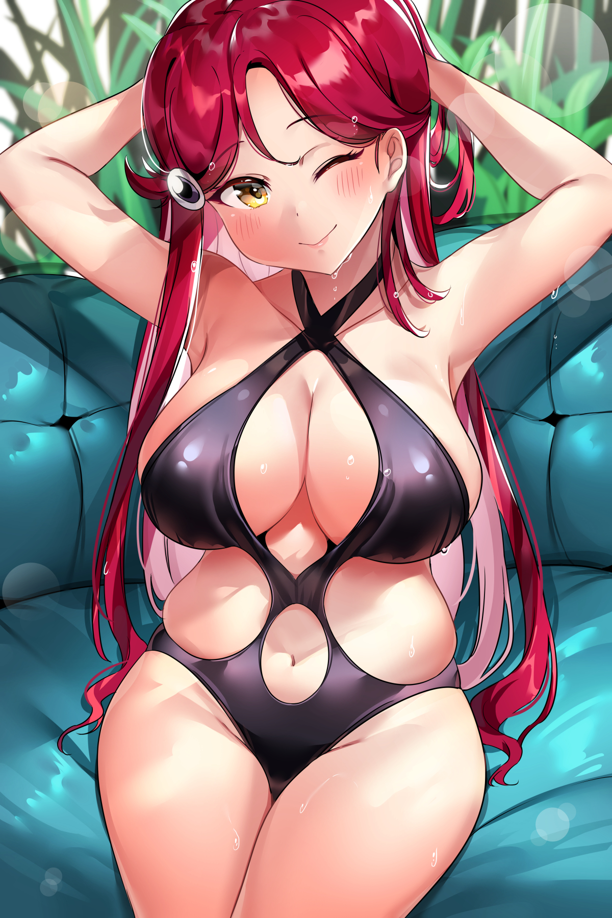 1girls, arms behind head, bare shoulders, belly, big breasts, bikini, black swimsuit, blurry background, blush, breasts, cleavage, cleavage cutout, curvaceous, curvy, curvy figure, cute, eyelashes, female, female only, hair between eyes, hair ornament, hi res, high resolution, highleg, highleg bikini, highleg swimsuit, highres, hourglass figure, large breasts, long hair, looking at viewer, love live!, love live! sunshine!!, navel, navel cutout, one eye closed, one-piece swimsuit, red hair, sakurauchi riko, sideboob, sidelocks, sitting, smile, solo, solo female, swimsuit, tem10, thick thighs, thighs, thin waist, wet, wide eyed, wide hips, yellow eyes