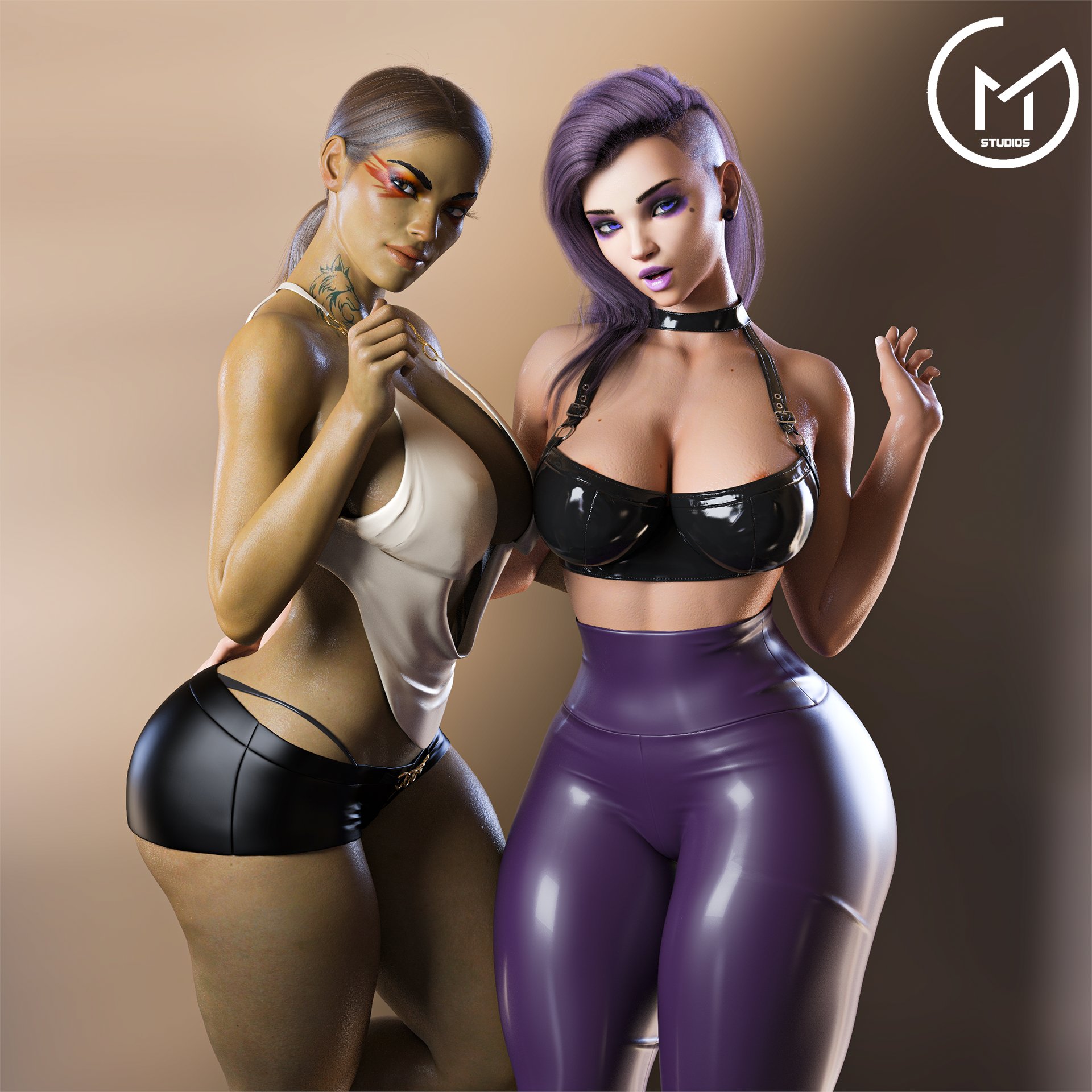 2girls, 3d, apex legends, areola slip, areolae, arm around waist, beauty mark, bimbo, breasts, brown eyes, brown hair, cleavage, crossover, earrings, female, female only, gm studios, hourglass figure, large breasts, latex, latex clothing, latina, lipstick, loba (apex legends), looking at viewer, mexican, milf, overwatch, parted lips, ponytail, purple eyes, purple hair, realistic textures, shaved side, shorts, sombra, tattoo, thick lips, thick thighs, tight pants, wide hips