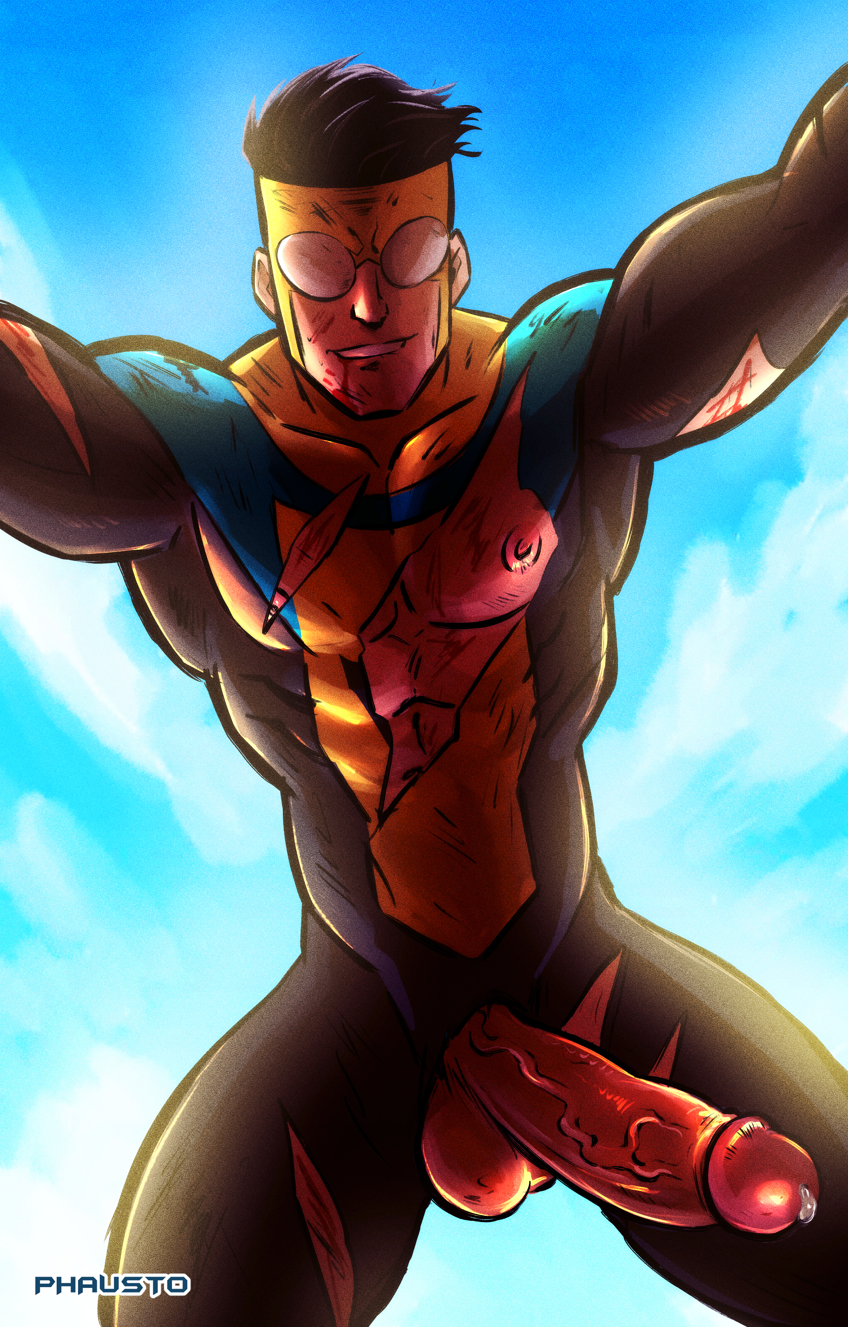 1boy, 2021, balls, big penis, biting lip, biting own lip, black hair, blue sky, bodysuit, cocky, cowboy shot, erection, exposed nipple, exposed penis, feet out of frame, foreskin, fully retracted foreskin, huge cock, invincible, invincible (comics), long penis, looking at viewer, looking down, looking down at viewer, low-angle view, male, male only, mark grayson, muscles, muscular, muscular male, nipples, on top of viewer, pecs, penis, penis out, phausto, pinned, pov, precum, precum drip, retracted foreskin, scratch marks, skin tight, smile, smiling at viewer, smirk, smirking at viewer, smug, solo, solo male, testicles, tight clothing, torn bodysuit, torn clothing, uncircumcised, uncut, veiny penis, yaoi