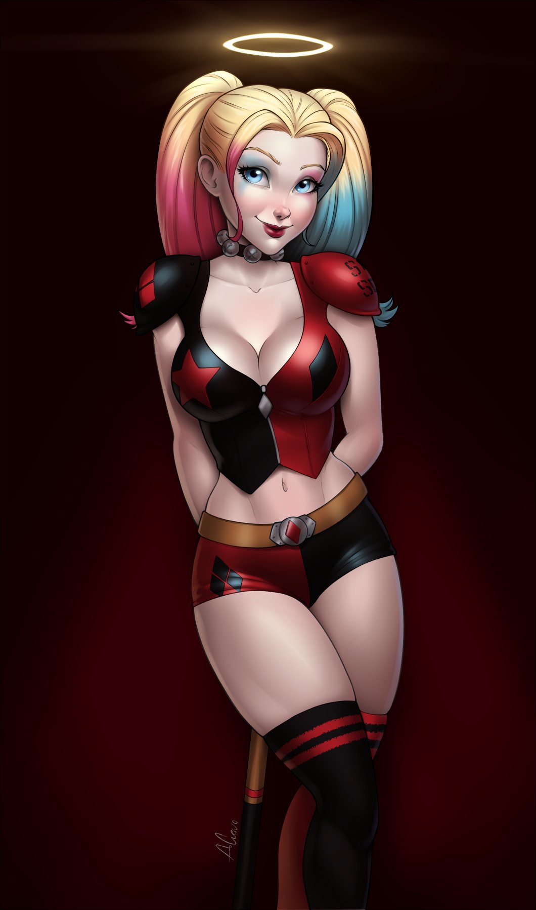 1girls, aesdev, batman (series), blonde hair, blue eyes, blue highlights, breasts, bustier, choker, cleavage, clothed, cute, dc, dc comics, dyed hair, female, female only, fully clothed, halo, harley quinn, lipstick, navel, pale skin, pink highlights, short shorts, shorts, smile, solo, thighhighs, twintails