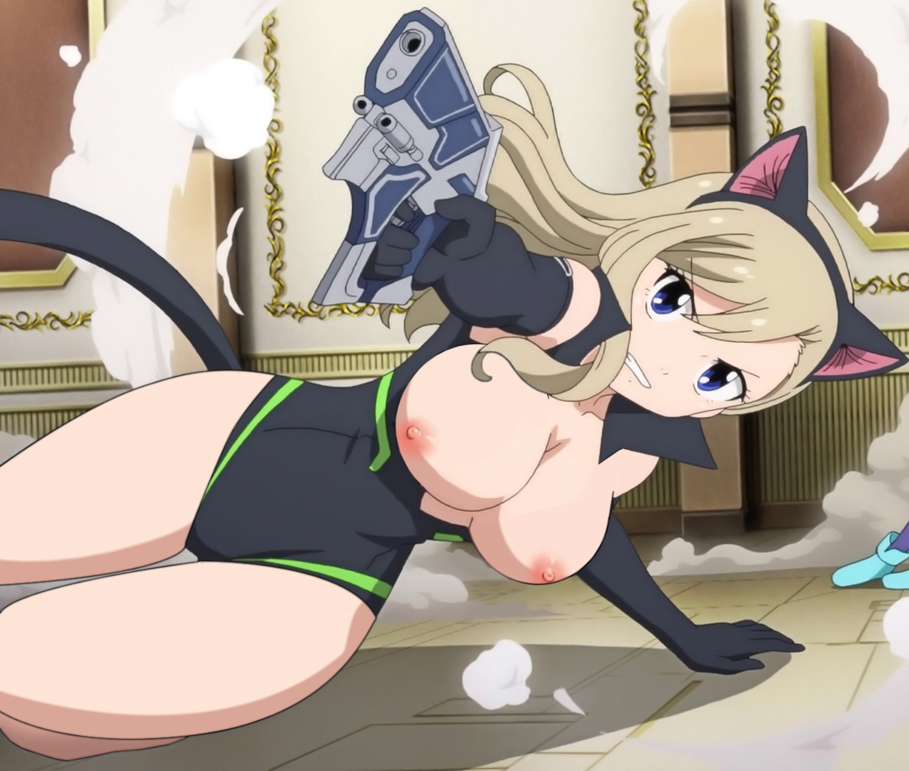 2girls, big breasts, black gloves, blonde hair, blonde-haired female, blue eyes, breasts, cat ears, cat tail, edens zero, edit, elbow gloves, female, gloves, gun, hair, long gloves, long hair, multiple females, multiple girls, nipples, rebecca bluegarden, teeth, thick thighs, thighhighs, thighs