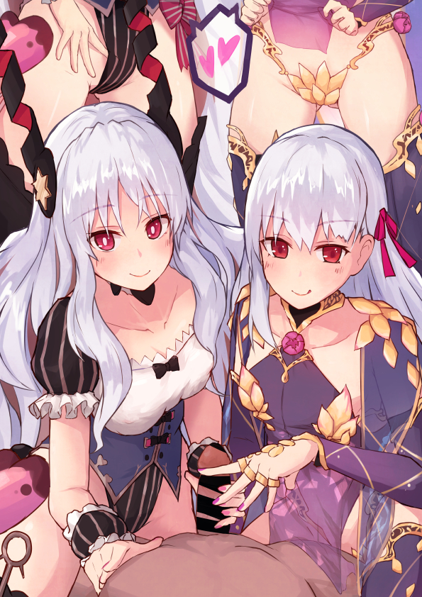 1boy 2girls armlet armor bangs bare_shoulders bikini_armor black_legwear blush bow bracelet breasts caren_hortensia caren_hortensia_(amor_caren) caren_ortensia collar collarbone corset dark-skinned_male dark_skin detached_sleeves dress erection fate/grand_order fate_(series) ffm_threesome floral_print frills hair_ornament hair_ribbon highleg highleg_leotard jewelry kama_(fate) leotard light-skinned_female light_skin long_hair looking_at_viewer lypele medium_breasts metal_collar multiple_girls multiple_handjob multiple_views pelvic_curtain penis pink_bow pink_eyes puffy_short_sleeves puffy_sleeves purple_dress purple_legwear purple_sleeves red_eyes ribbon ring short_sleeves silver_hair small_penis small_penis_adoration smile straight thighhighs thighlet thighs threesome type-moon very_long_hair wavy_hair white_hair wrist_cuffs