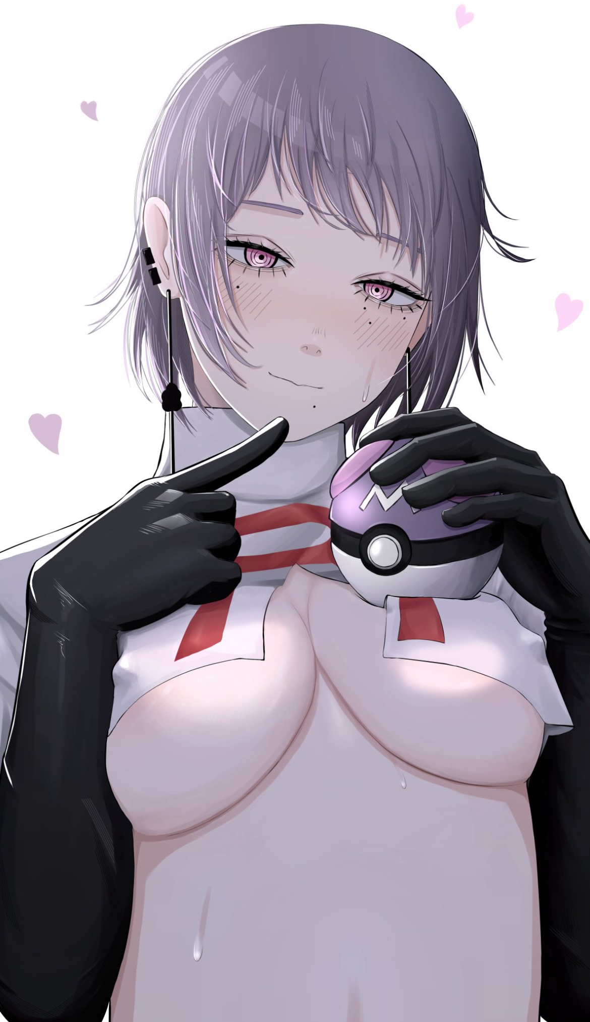 agu (aguxxxuu), aguxxxuu, areolae peeking, barely covered nipples, blush, breasts, chainsaw man, cute, cute face, cute female, death devil (chainsaw man), female, female only, gloves, gloves on, hearts around body, japanese, japanese female, jessie (pokemon) (cosplay), looking at viewer, medium breasts, midriff, nice tits, nipple, nipple bulge, nipples visible through clothing, pale skin, pale-skinned female, pink eyes, plump breasts, pokeball, pokemon, purple hair, revealing, revealing breasts, rits, round breasts, sexy, sexy female, solo, solo female, solo focus, sweatdrop, underboob