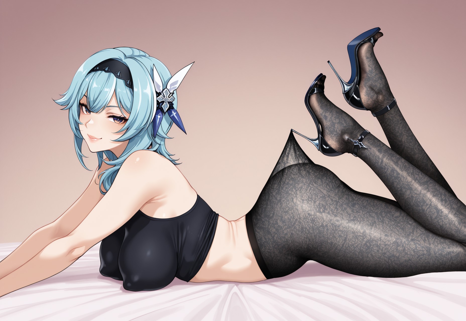 ai generated, ass, bed, black crop top, breasts, crop top, eula (genshin impact), feet, feet up, genshin impact, heels, hoyoverse, huge ass, huge breasts, lace, lace pantyhose hooked on heel (meme), legs, legs up, lipstick, looking at viewer, lying, lying on bed, medium breasts, on stomach, pantyhose, pantyhose pull, perfect legs, puffy lips, side view, simple background, thick thighs