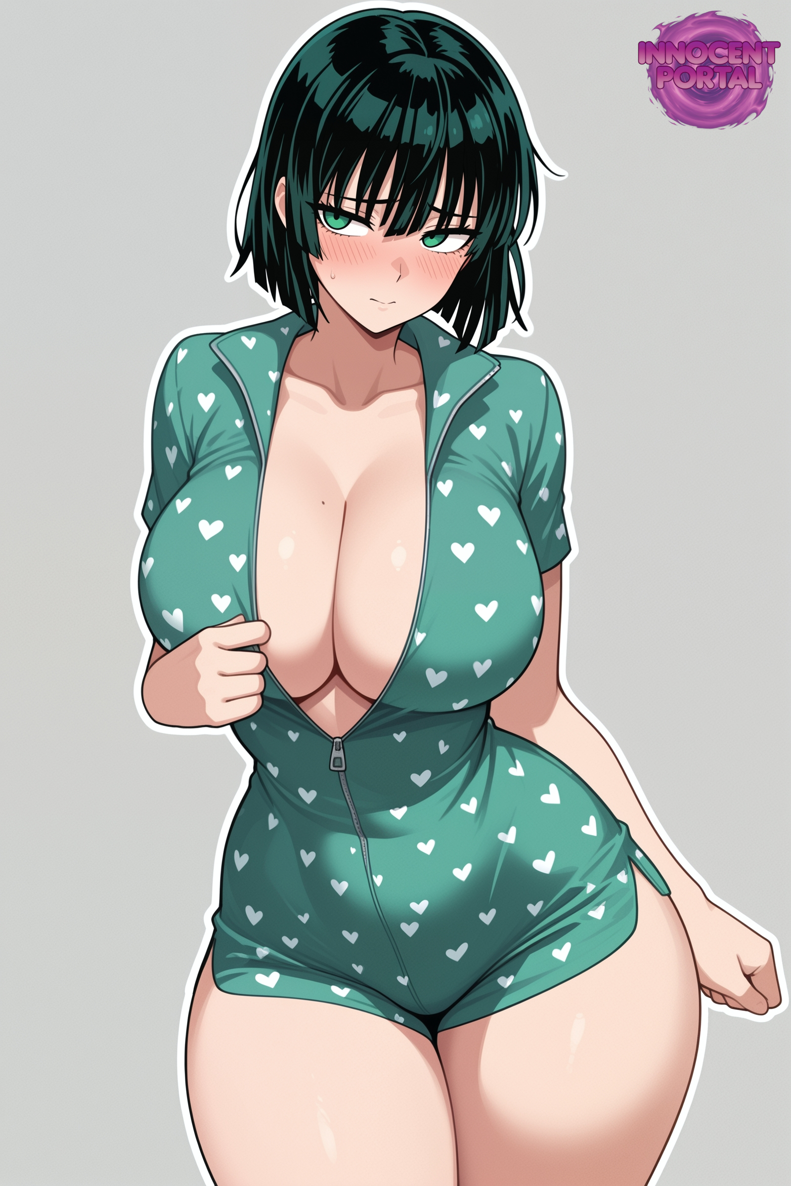 ai generated, anime, big breasts, blush, blush lines, breasts, busty, cleavage, female, female focus, female only, fubuki (one-punch man), green clothing, green eyes, green hair, hips, jorgecarlosai, looking away, one-punch man, pulling clothing, sexy, sexy body, sexy female, short hair, shy, shy expression, shy female, simple background, sleepwear, standing, thick thighs, thighs, toned, toned body, toned female, unzipped, waifu, watermark, wide hips, zipper, zipper down