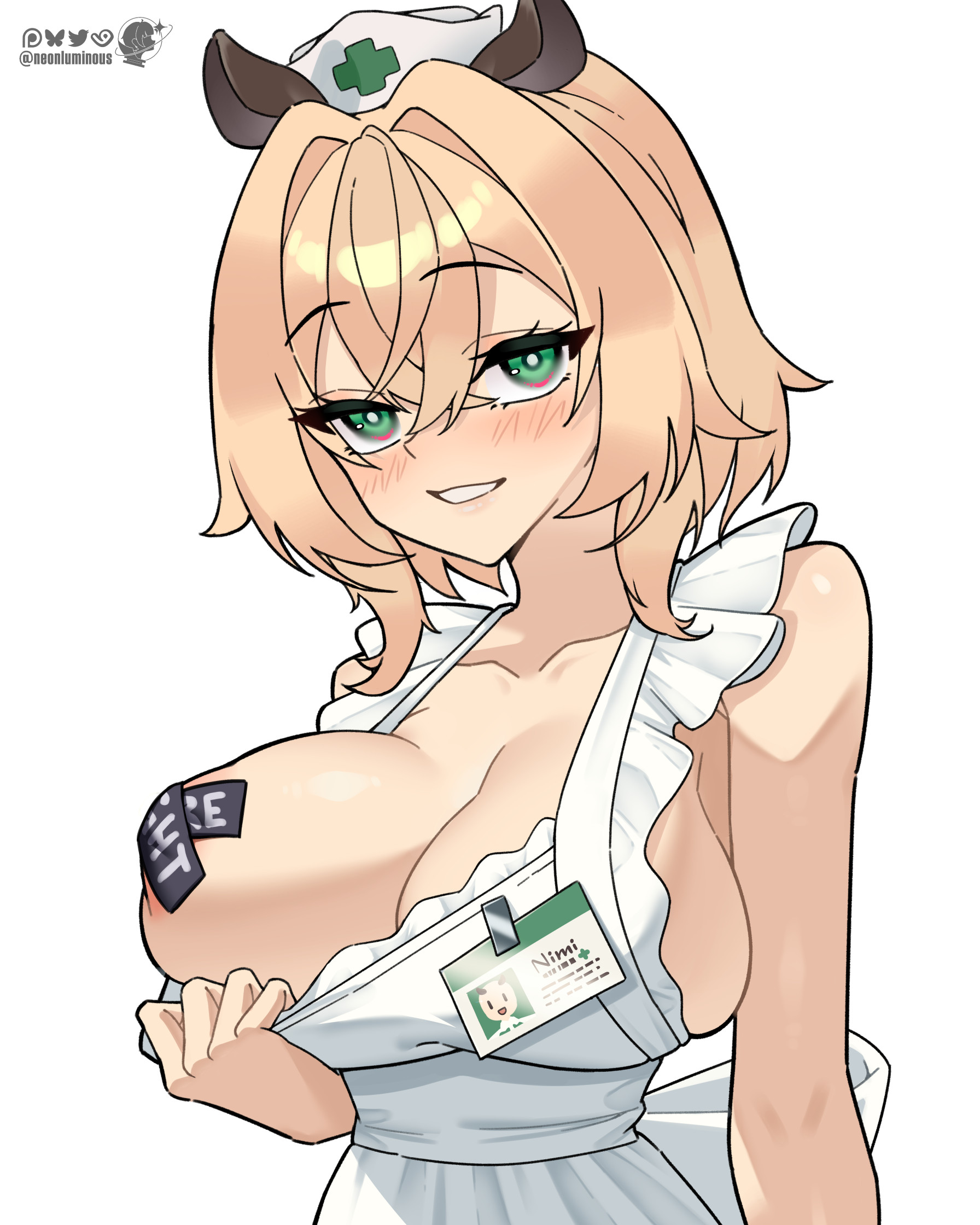 1girls, big breasts, blonde hair, breasts, breasts out, female, green eyes, indie virtual youtuber, large breasts, naked apron, neonluminous, nimi nightmare, nurse, nurse cap, pasties, perky breasts, sideboob, tape, tapir ears, tapir girl, teasing, undressing, virtual youtuber, vtuber, white background