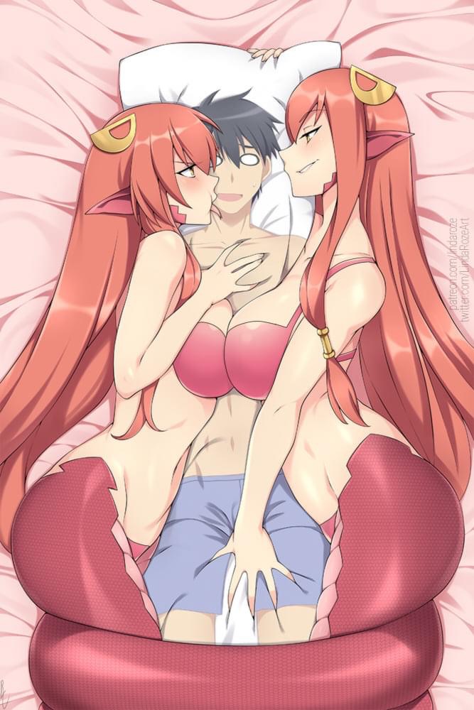 1boy 2girls body_pillow daughter lamia lindaroze miia's_mother_(monster_musume) miia_(monster_musume) monster_girl monster_musume_no_iru_nichijou mother mother_and_daughter naga snitty