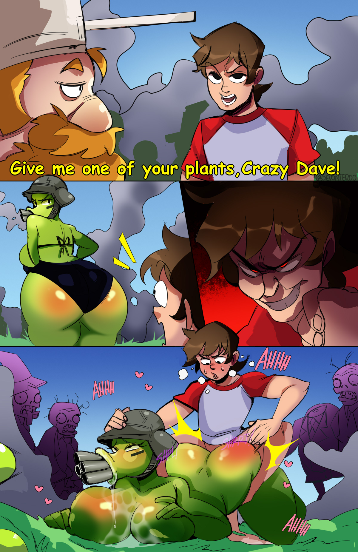 anthro, anthrofied, ass, comic, crazy dave (pvz), cum, female, flora fauna, gatling pea (pvz), human, human on anthro, nate (pvz), nate timely (pvz), peashooter (pvz), plant, plant humanoid, plantie, plants vs zombies, plants vs. zombies, popcap games, sevonteroo, sex, straight, text, zombie (pvz)