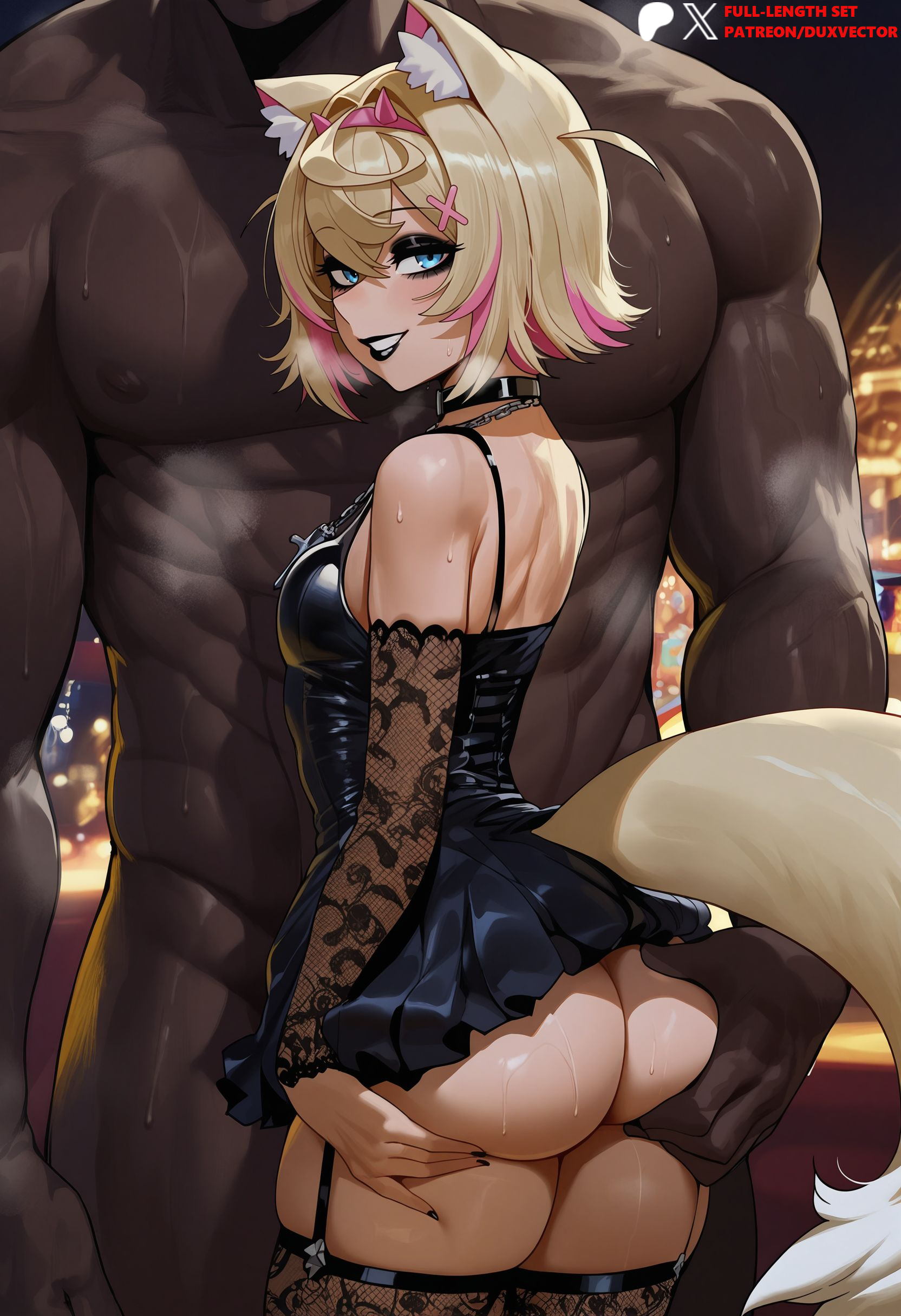 1boy, ai generated, alternate costume, animal collar, animal ear fluff, animal ears, ass, ass grab, ass support, bandaid hair ornament, bare shoulders, black choker, black collar, black dress, black lips, black nails, black thighhighs, blonde hair, blue eyes, blush, breasts, choker, clothed female nude male, clothing, collar, dark skin, dark-skinned male, deep skin, detached sleeves, dog ears, dog girl, dog tail, dress, duxvector, female, fishnets, fuwamoco ch., garter straps, goth, goth fashion, goth girl, grabbing another's ass, grabbing own ass, grin, groping, hair ornament, hairband, hands on ass, head out of frame, height difference, hololive, hololive english, interracial, legwear, lipstick, looking at viewer, looking back, makeup, male, manly, mococo abyssgard, multicolored hair, muscular, muscular male, nail polish, netorare, ntr, nude, patreon username, pink hair, short dress, short hair, small breasts, smile, solo focus, spaghetti strap, spiked collar, spikes, straight, streaked hair, sweat, tail, thighhighs, thighs, two-tone hair, very dark skin, virtual youtuber, x hair ornament