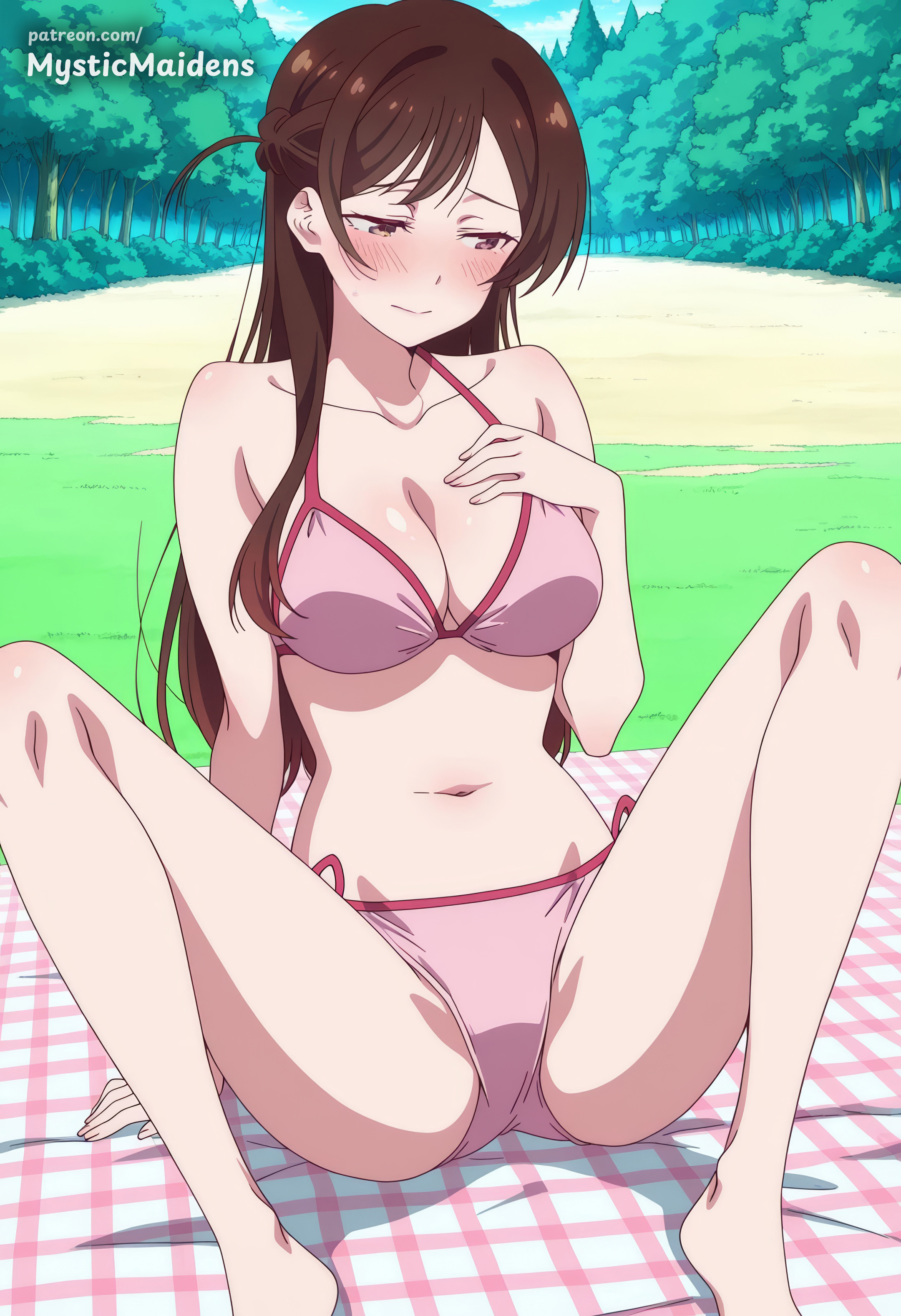 ai generated, anime, anime style, barefoot, bikini, blanket, blush, braid, breasts, brown eyes, brown hair, cleavage, closed mouth, collarbone, day, fanbox username, female, halterneck, hand on own chest, hi res, kanojo okarishimasu, large breasts, long hair, medium breasts, mizuhara chizuru, mystic maidens, navel, outdoors, patreon, pink bikini, side-tie bikini bottom, sitting, solo, spread legs, swimsuit, tree