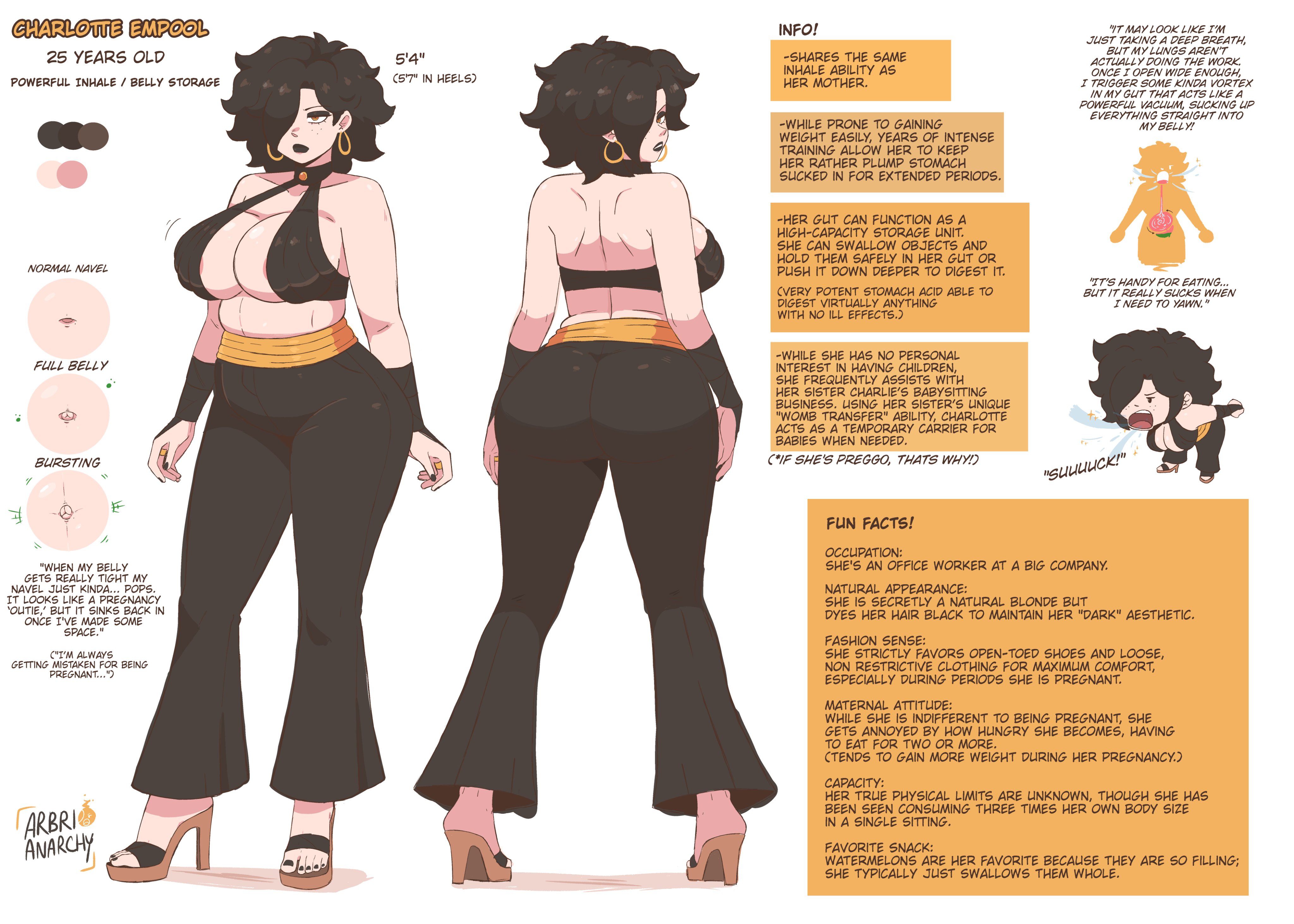 arbrianarchy, black hair, character sheet, charolette (arbrianarchy), chubby, chubby female, inhale, inhale ability, poofy hair, smooth hair, stuffing, visible areolae, white background