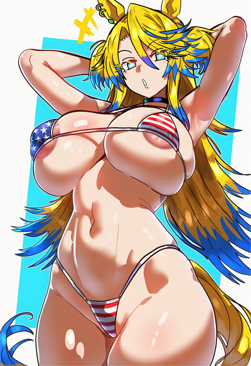 :o, 1girls, ai generated, american flag bikini, areola slip, areolae, armpits, arms behind back, blonde hair, horse ears, horse girl, horse tail, huge breasts, large breasts, light blue eyes, multicolored hair, navel, obey your master (umamusume), star eyes, sweeetdonnut, umamusume, umamusume: cinderella gray