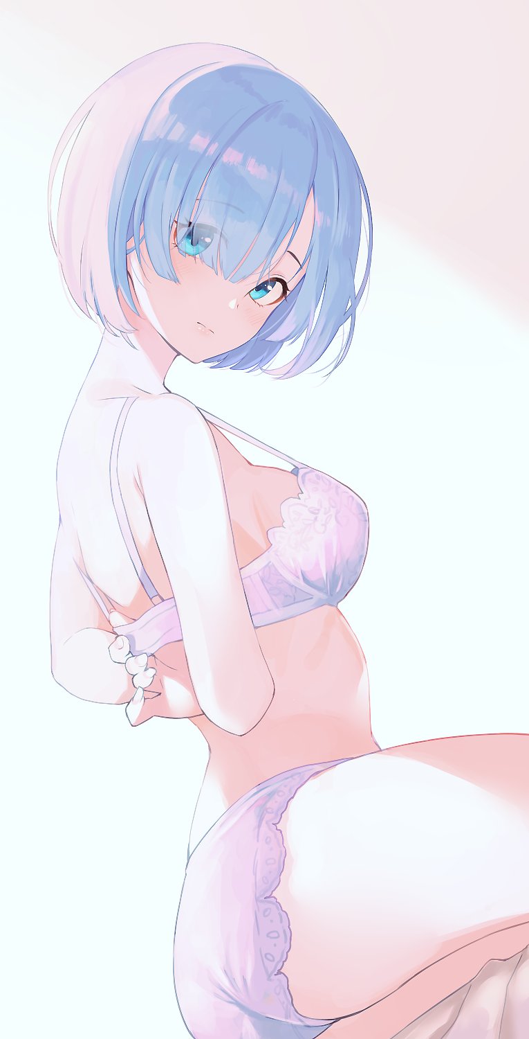 blue eyes, blue hair, female, hiroki yyqw7151, looking at viewer, re:zero kara hajimeru isekai seikatsu, rem (re:zero), underwear, undressing