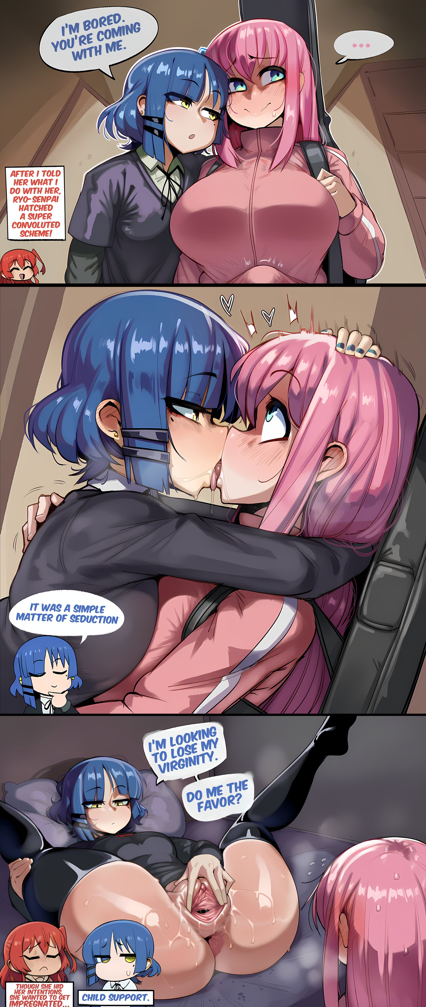 ai generated, anus, anus peek, arms behind back, arms behind head, big ass, big breasts, big thighs, blank stare, blush, bocchi the rock!, breast press, breasts against breasts, bulge through clothing, comic, dialogue, dialogue box, donbeboys, futanari, gotou hitori, hand on thigh, holding head, huge ass, huge breasts, huge bulge, huge thighs, kissing, kita ikuyo, laying on back, laying on bed, looking away, looking up, making out, nervous smile, open pussy, opening pussy, pussy, pussy focus, pussy juice, saliva, saliva trail, small breasts, spread pussy, spreading, sweat, thighhighs, virgin, yamada ryou