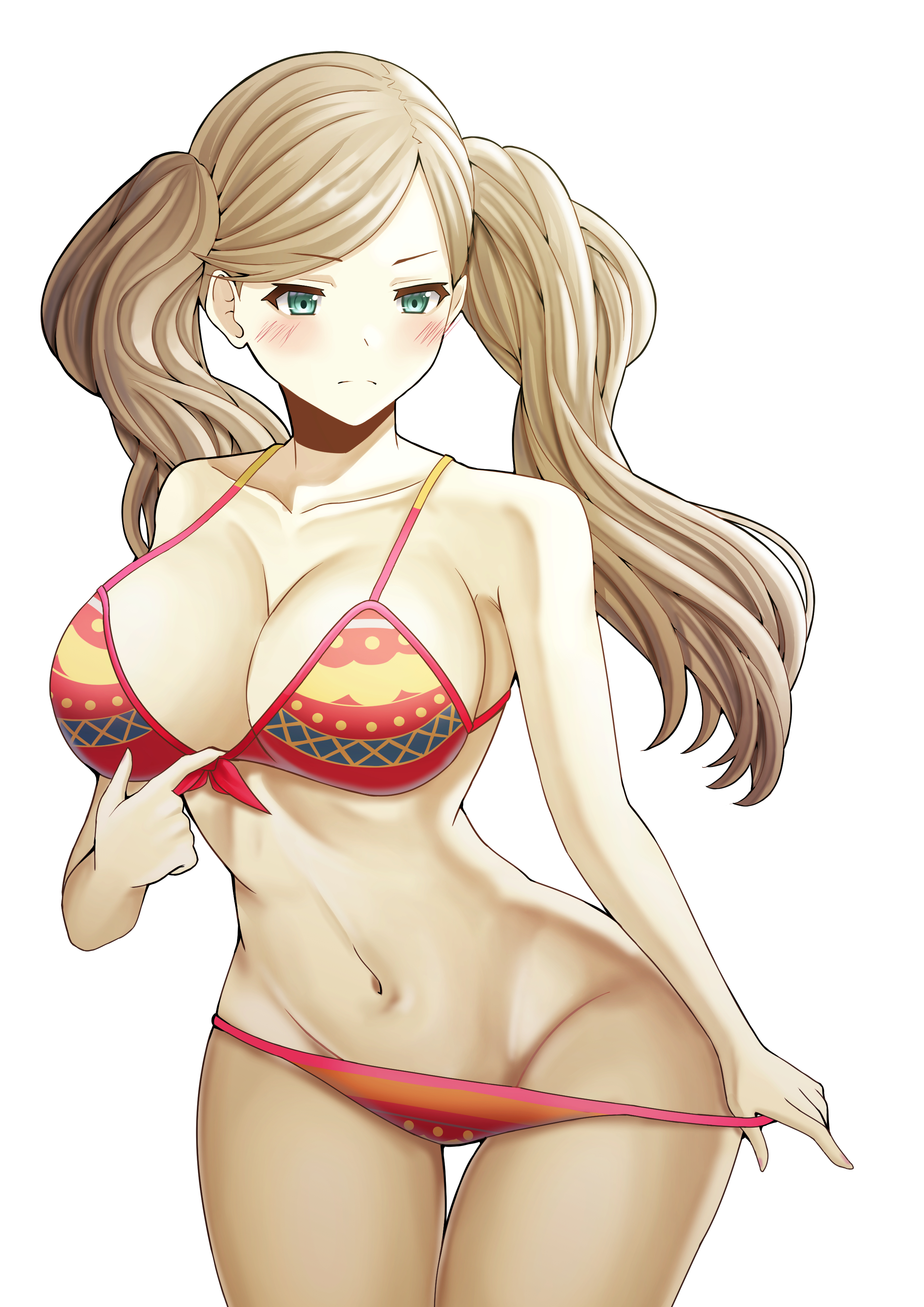 1girls, ann takamaki, ann takamaki (swimsuit strikers), big breasts, bikini, blonde hair, blue eyes, blush, breasts, female, persona, persona 5, persona 5 scramble: the phantom strikers, pulling panties, saikunartworks, teasing, twintails