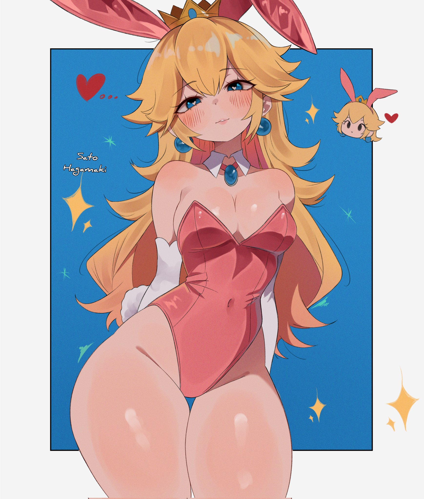 1girls, animal ears, arm support, artist name, bare shoulders, blonde hair, blue background, blue eyes, blush, border, breasts, closed mouth, covered navel, cowboy shot, crown, detached collar, earrings, fake animal ears, fake tail, female, female focus, female only, heart, highleg, highleg leotard, highres, jewelry, large breasts, leotard, long hair, looking at viewer, mario (series), nintendo, princess peach, rabbit ears, rabbit tail, sato hagamaki, simple background, solo, strapless, strapless leotard, tail