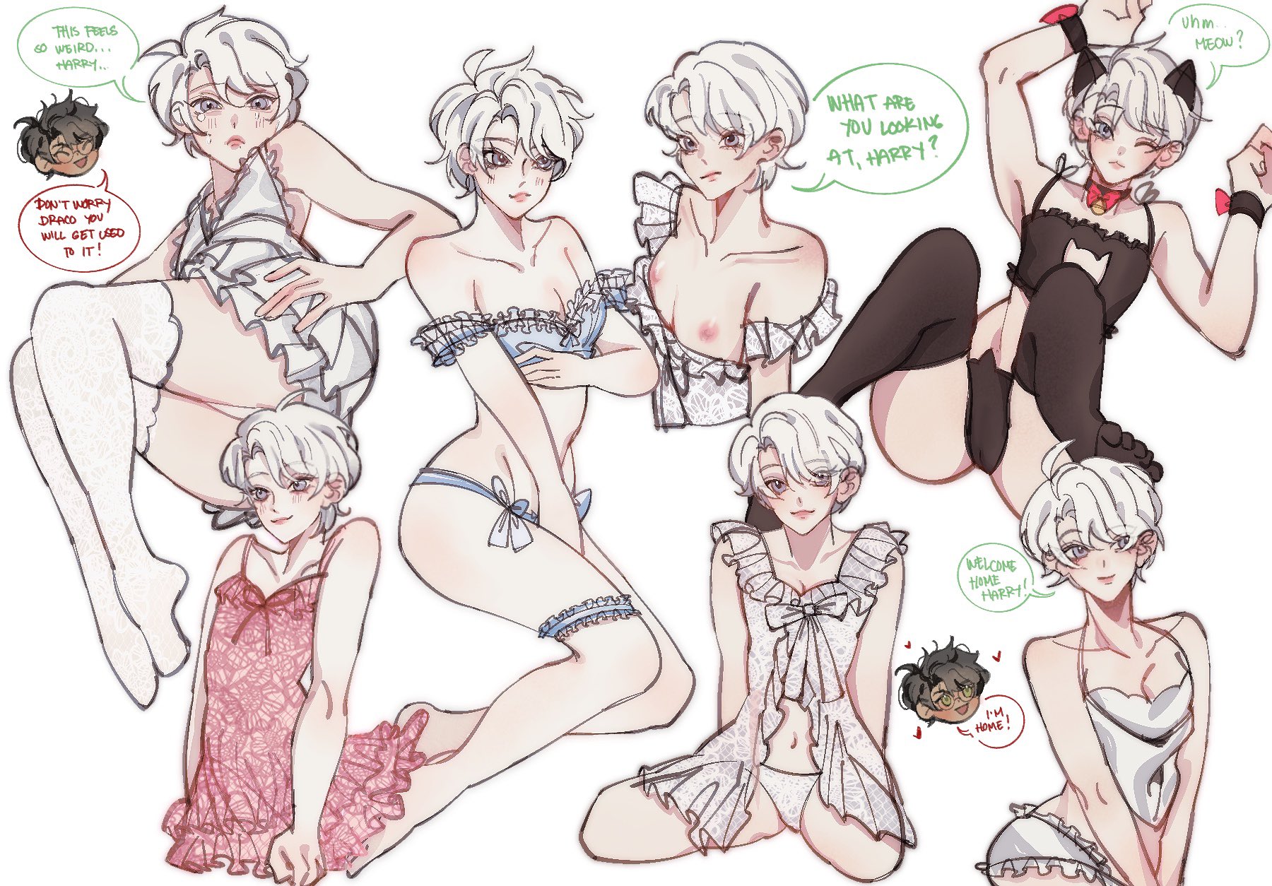 1boy, crossdressing, draco malfoy, femboy, forced feminization, harry james potter, harry potter, male, male only, otoko no ko, thighs