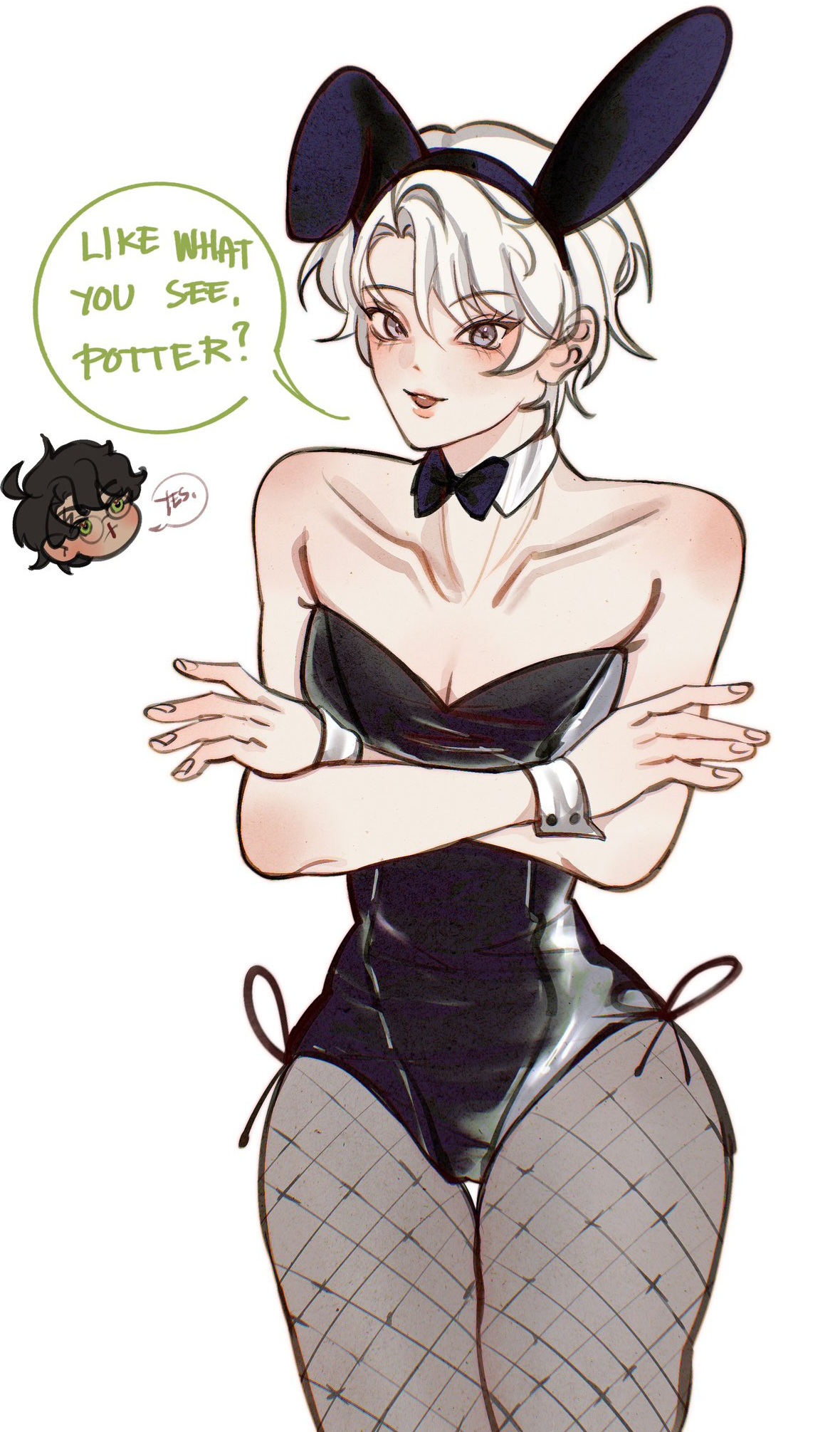 bunny ears, bunnysuit, crossdressing, draco malfoy, femboy, fishnet, harry james potter, harry potter, male, male only, otoko no ko, thighs