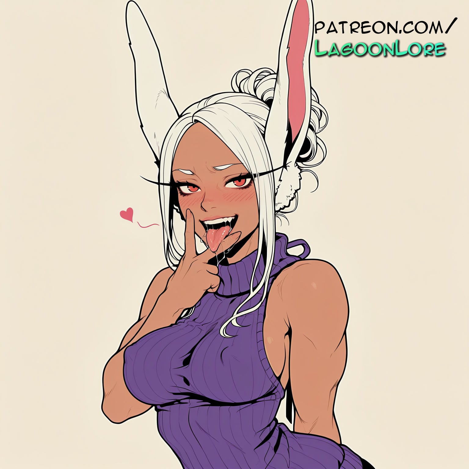 ai generated, animal ears, artist name, bare shoulders, blush, boku no hero academia, breasts, bust, chest, covered nipples, dark skin, dark-skinned female, female, heart, hi res, highres, lagoonlore, long hair, looking at viewer, meme attire, mirko, miruko, my hero academia, patreon, patreon username, rabbit ears, rabbit girl, red eyes, ribbed sweater, smile, solo, sweater, teeth, tongue, tongue out, turtleneck, turtleneck sweater, upper body, virgin killer sweater, watermark, white hair
