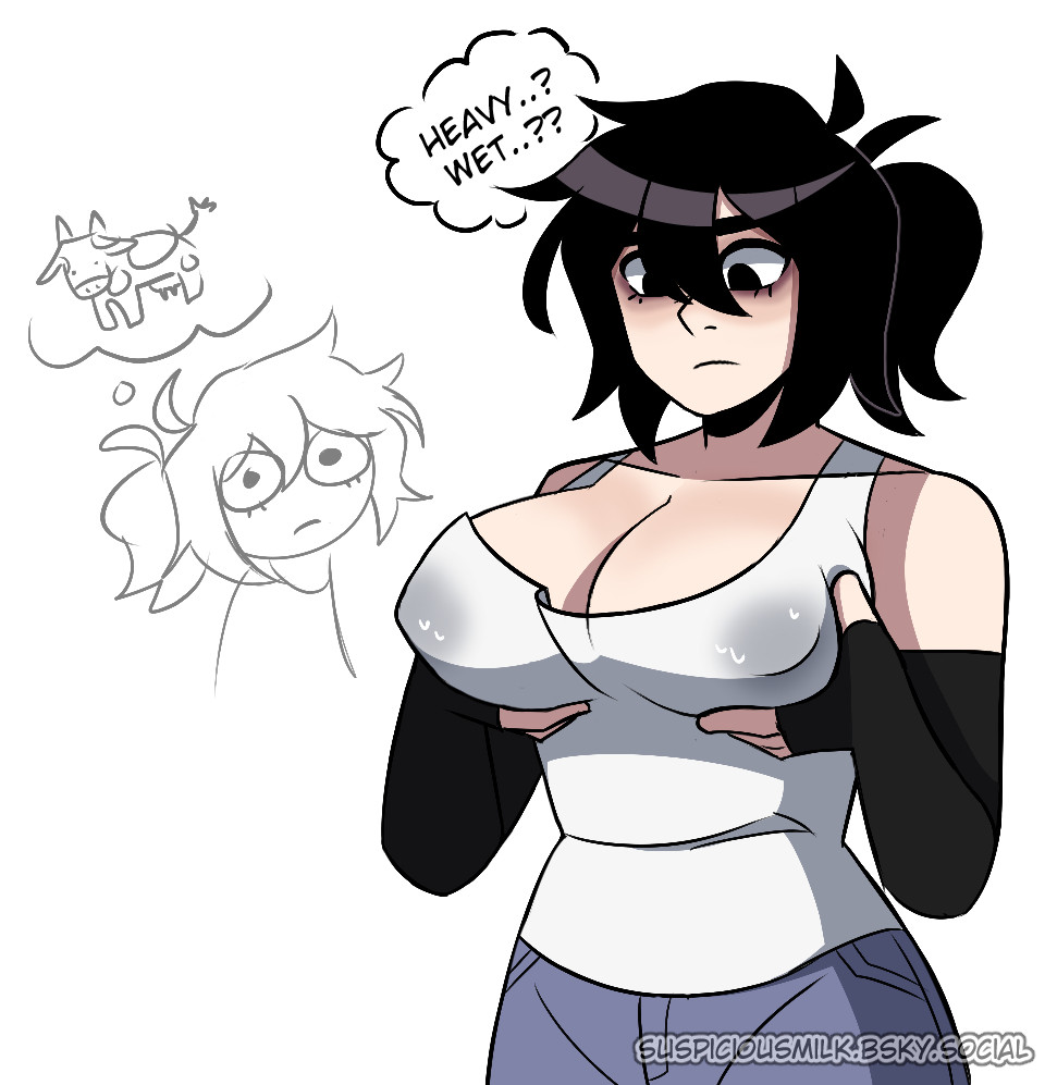 big breasts, black hair, breast squeeze, eyebags, heavy breasts, huge breasts, lactation through clothes, lactation without stimulation, oc, original character, ponytail, self fondle, suspiciousmilk, thought bubble