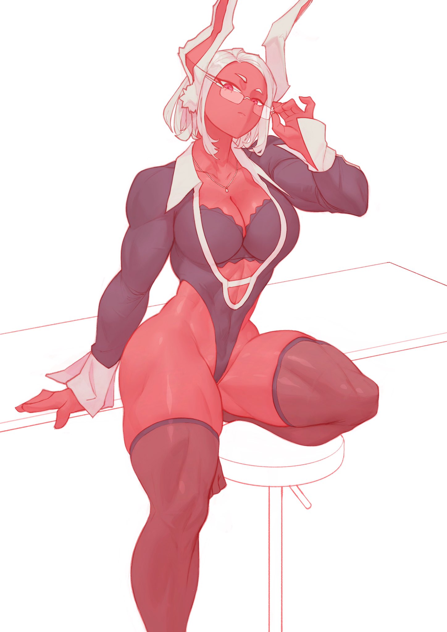 abs, adjusting eyewear, alternate costume, animal ears, big breasts, black bra, black leotard, boku no hero academia, bra, breasts, cleavage, collarbone, collared leotard, commentary, covered navel, dark skin, dark-skinned female, english commentary, female, glasses, highleg, highleg leotard, highres, jewelry, large breasts, leotard, long eyelashes, long sleeves, looking at viewer, mirko, miruko, my hero academia, on stool, parted bangs, pendant, rabbit ears, rabbit girl, rebigaki, rebigaki art, red eyes, rumi usagiyama, short hair, sitting, skindentation, sleeves past wrists, solo, thick thighs, thighhighs, thighs, toned, toned female, underwear, usagiyama rumi, white hair, yknivel