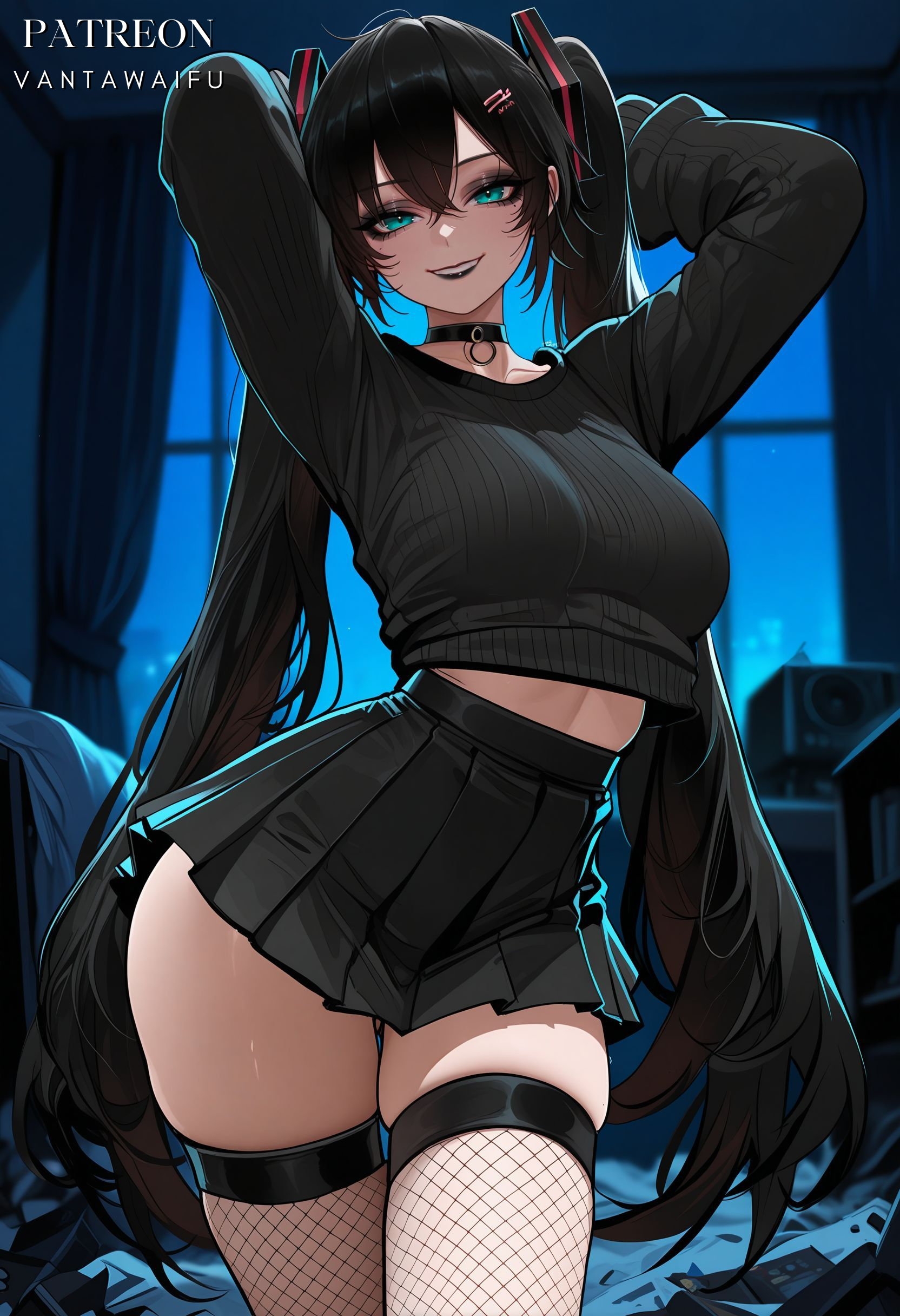 1girl, ai generated, alternate hair color, aqua eyes, arms behind head, arms up, artist name, bangs, black choker, black clothes, black hair, black lips, black shirt, black skirt, black sweater, blue eyes, blurry background, breasts, choker, clothing, cowboy shot, crop top, crop top overhang, cropped sweater, crossed bangs, curtains, eyeshadow, female, fishnet thighhighs, fishnets, goth, goth fashion, goth girl, goth miku, green eyes, grin, hair between eyes, hair ornament, hairclip, hatsune miku, high-waist skirt, indoors, interracial, large breasts, legwear, lipstick, long hair, long sleeves, looking at viewer, makeup, medium breasts, midriff, midriff peek, miniskirt, netorare, night, ntr, o-ring choker, parted lips, patreon username, piercing, pleated skirt, skindentation, skirt, smile, solo, sweater, teeth, thick thighs, thigh gap, thighhighs, thighs, twintails, vantawaifu, very long hair, vocaloid, window, zettai ryouiki