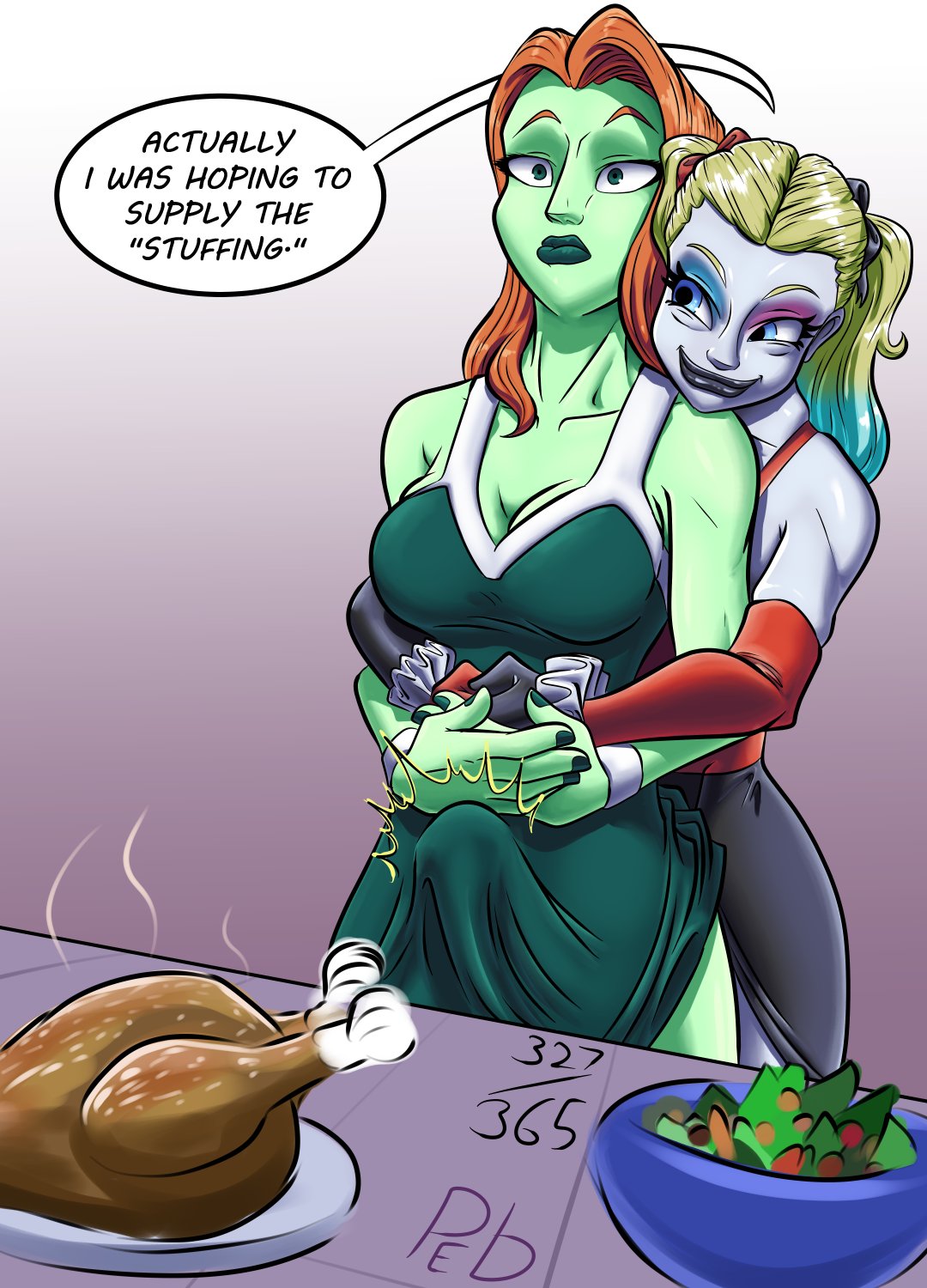 1futa, alternate version at source, apron, batman (series), bulge, bulge through clothing, dc comics, dialogue, erection, erection under clothes, futanari, green skin, harley quinn, poison ivy, purpleeyebags, tenting, text, thanksgiving