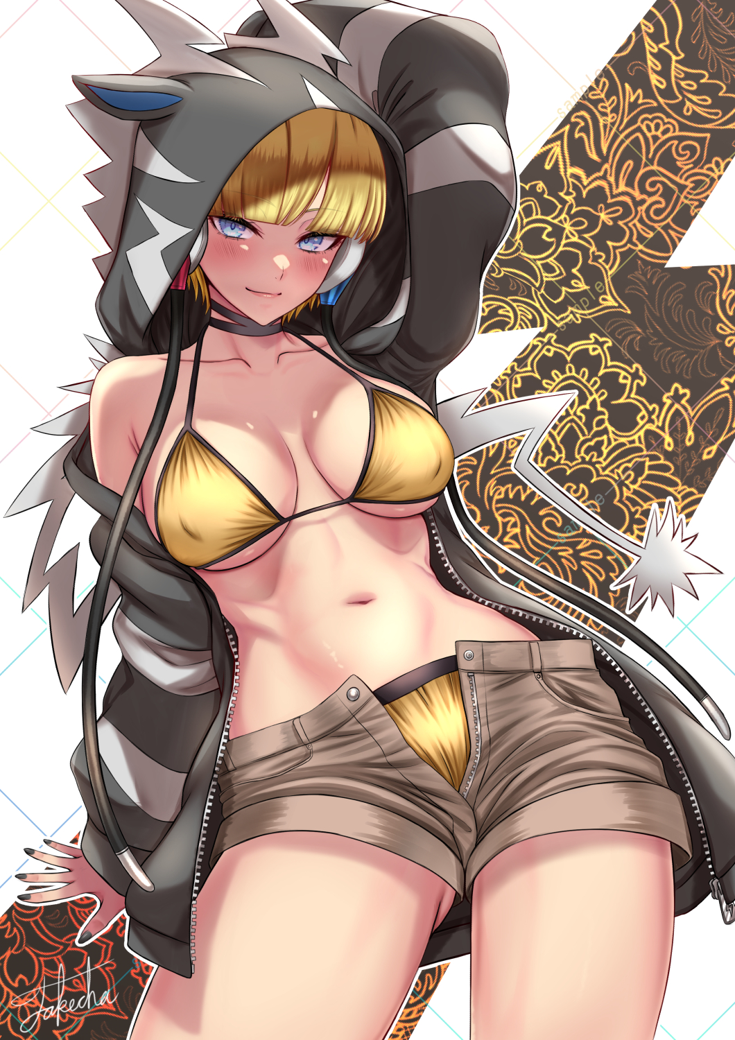 1girls, big breasts, bikini, black jacket, black nails, blonde hair, blue eyes, blunt bangs, breasts, breasts apart, brown shorts, cable, collarbone, commentary request, cosplay, covered erect nipples, earphones, elesa (pokemon), female, female only, game freak, gen 5 pokemon, gluteal fold, highres, hood, hooded jacket, hoodie, jacket, jacket over swimsuit, kigurumi, medium breasts, nail polish, navel, nintendo, pokemon, pokemon (cosplay), pokemon bw, shorts, solo, swimsuit, takecha, themed clothes, thighs, yellow bikini, zebstrika, zebstrika (cosplay)