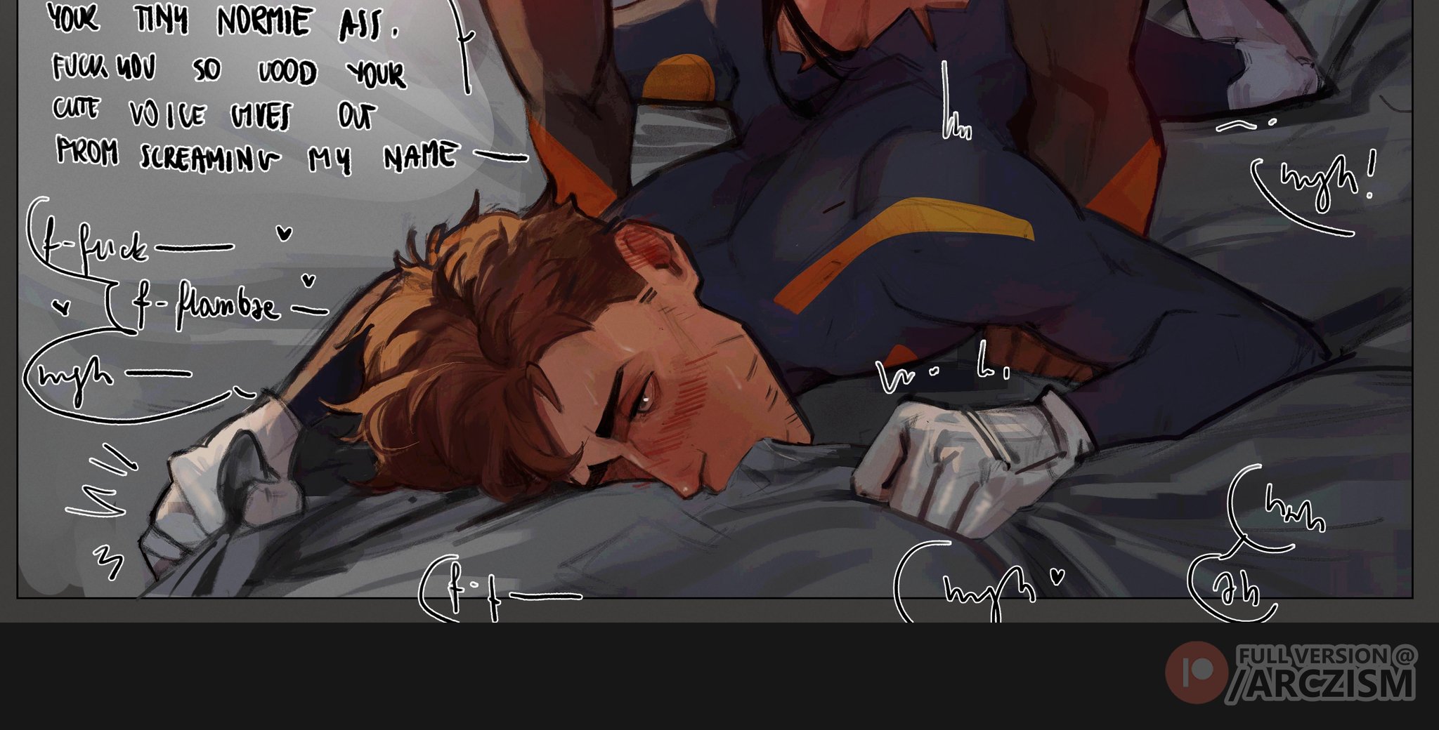 arczism, dirty talk, dispatch (game), flambae, gay, implied anal, male, male only, ripped clothing, robert robertson, submissive male, yaoi