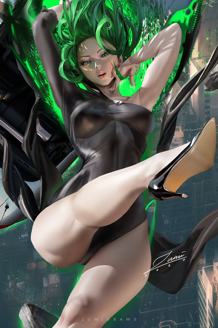 1girls, breasts, female, female only, green hair, looking at viewer, one-punch man, solo, tatsumaki, thick thighs, zumi