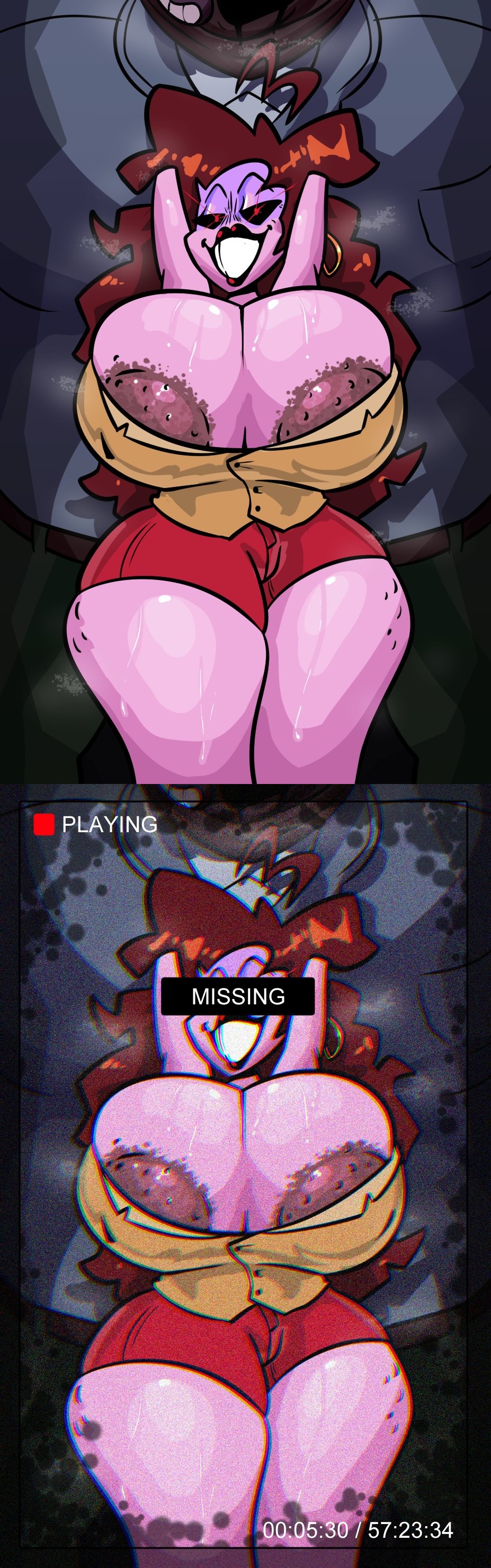algob4v, arms up, bav, bear, big ass, big breasts, big butt, earrings, filming, friday night funkin, lipstick, milf, missing person, missing poster, mommy mearest, mother, oc, purple body, purple skin, recording, red eyes, showing off, size difference, steaming body, sweat, video recording