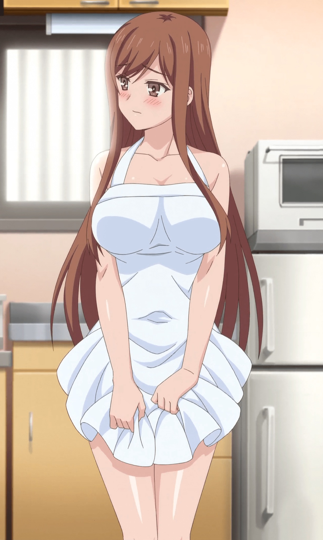 1girls, apron, apron only, ayane shirakawa, big breasts, blush, breasts, brown hair, cleavage, embarrassed, female, female focus, female only, highres, hokiboshi (company), kaiduka, kitchen, large breasts, light skin, light-skinned female, looking away, naked apron, nude, nude female, overflow (series), screencap, screenshot, solo, standing, suiseisha