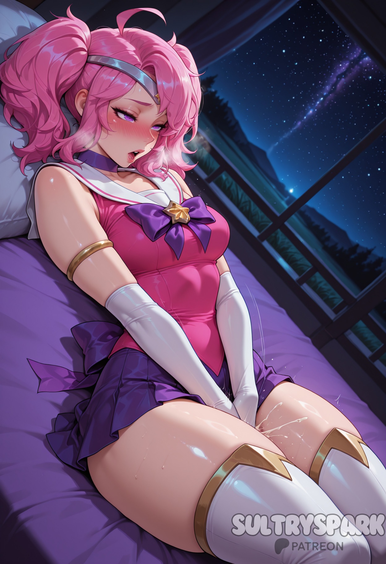 ahoge, ai generated, alternate costume, armlet, artist name, bare shoulders, blush, bow, bowtie, breasts, choker, elbow gloves, female, female ejaculation, female masturbation, futarush, gloves, hand between legs, league of legends, luxanna crownguard, lying, magical girl, masturbation, medium breasts, medium hair, night, night sky, on back, on bed, open mouth, patreon, patreon username, pillow, pink hair, pleated skirt, purple bow, purple bowtie, purple choker, purple eyes, purple skirt, pussy juice, riot games, sailor collar, saliva, shiny skin, skirt, solo, star (sky), star guardian (league of legends), star guardian lux, star guardian series, starry sky, sultryspark, thighhighs, thighs, twintails, white gloves, white thighhighs, window